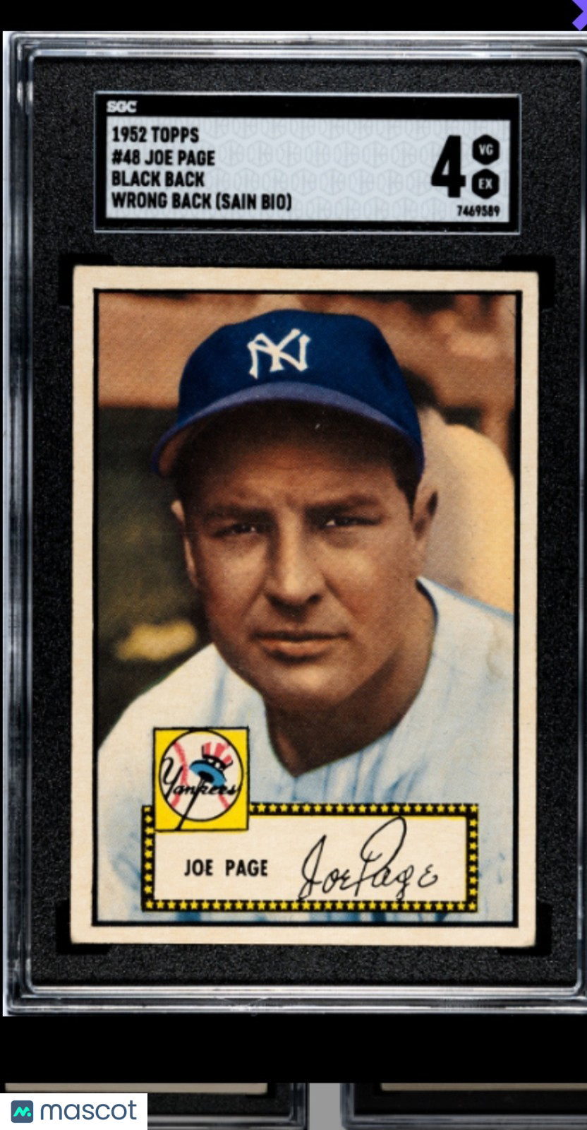 1952 Topps  #48 Joe Page  Black Back Sain Error SGC 4
