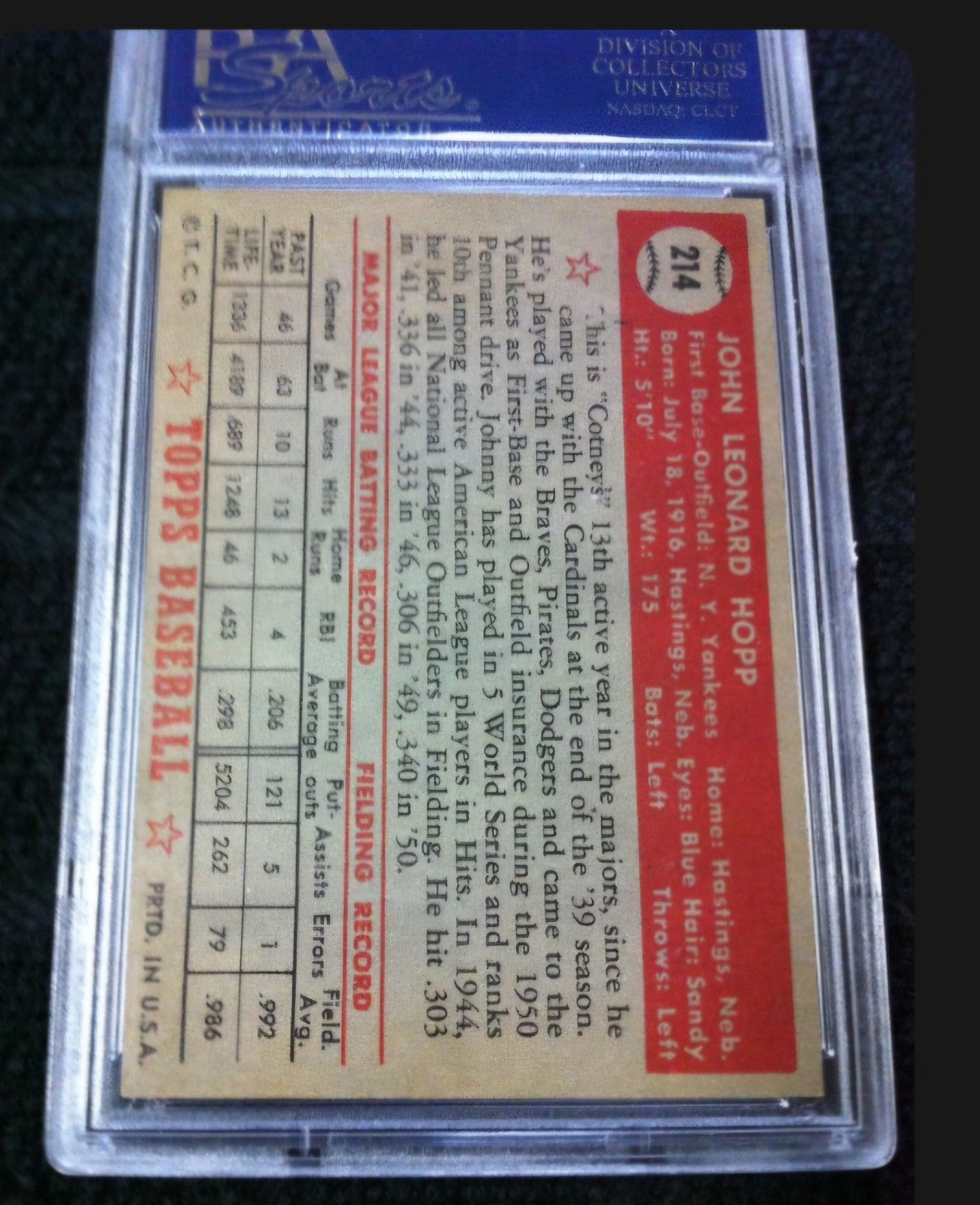 1952 TOPPS #214 JOHNNY HOPP PSA 6.5