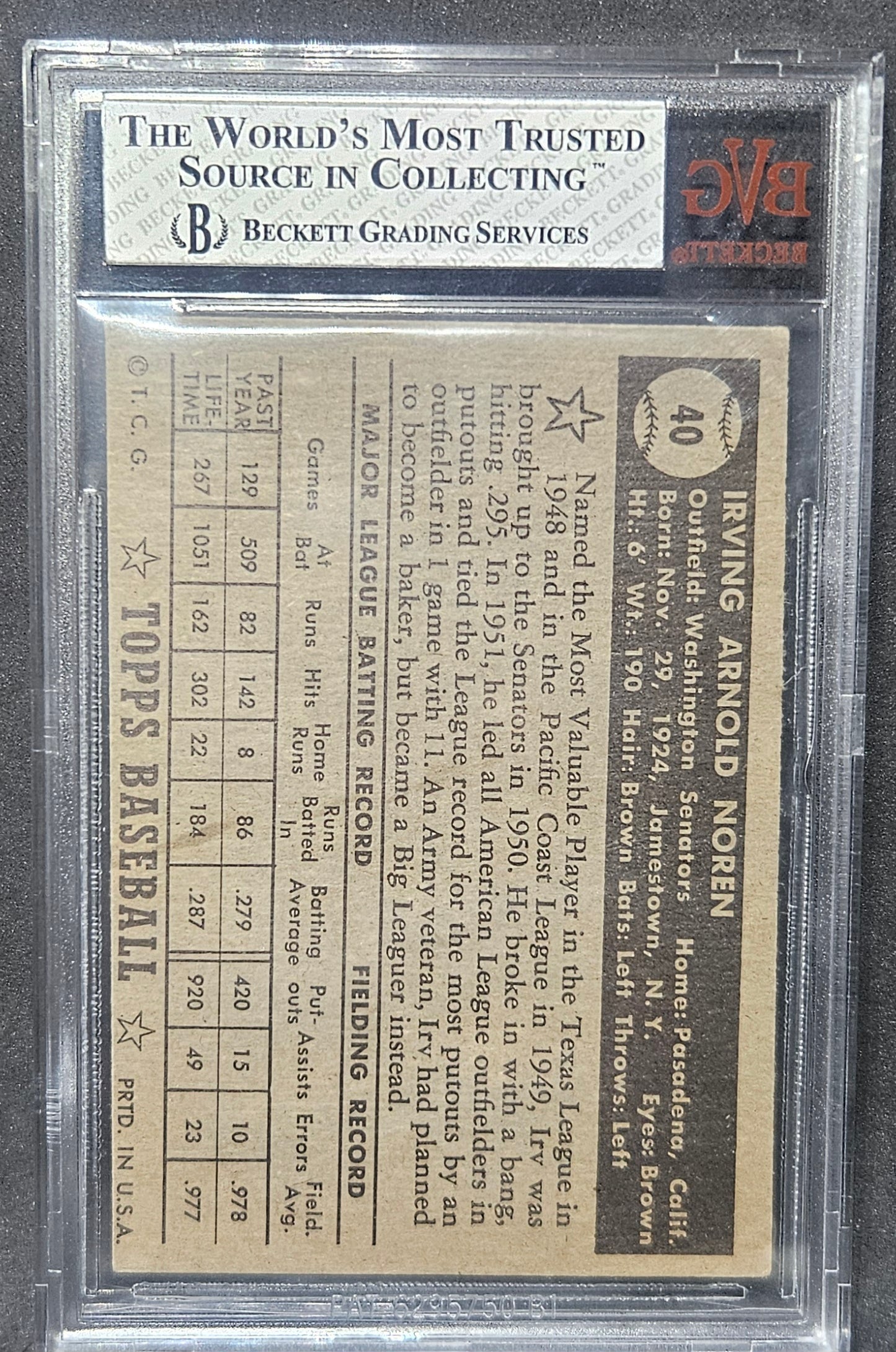 1952 Topps Irv Noren Black #40A BVG 5.5