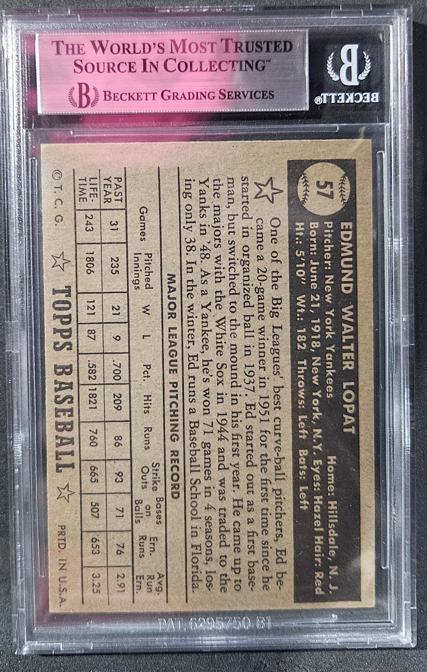 1952 Topps Ed Lopat Black #57A BVG 5 nicely centered.5