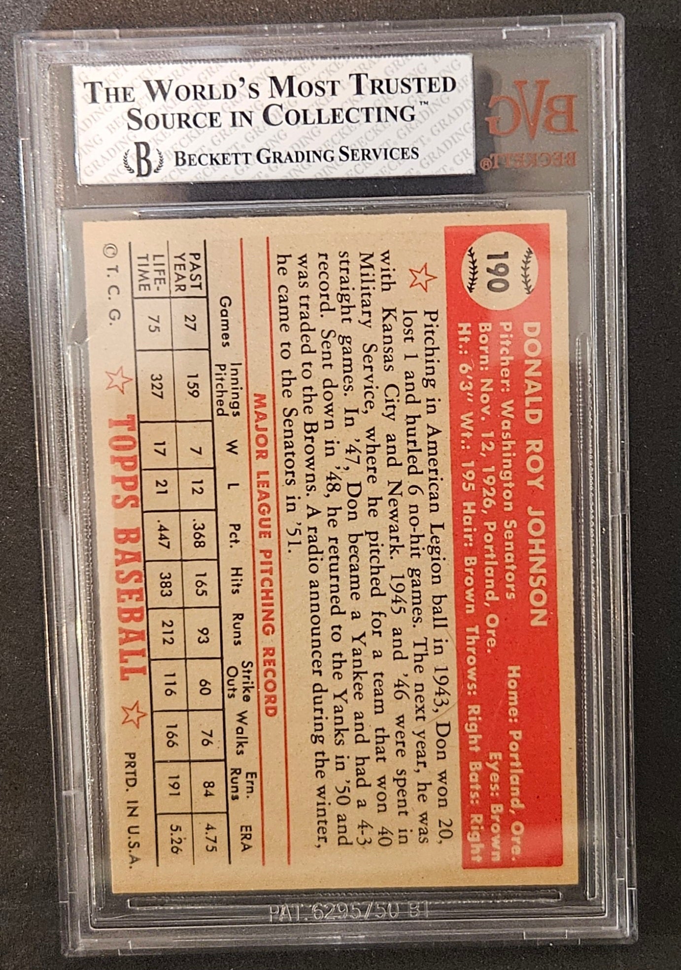 1952 Topps Don Johnson #190 Rookie BVG 7