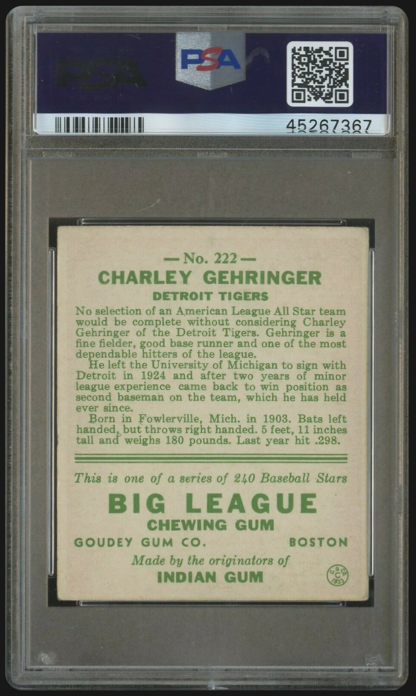 1933 Goudey Charley Gehringer #222 PSA 4.5