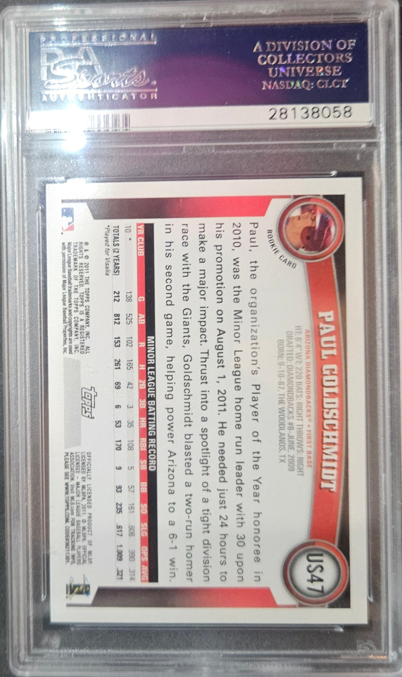 2011 Topps Update Paul Goldschmidt #US47 Wal Mart Blue Border PSA 10