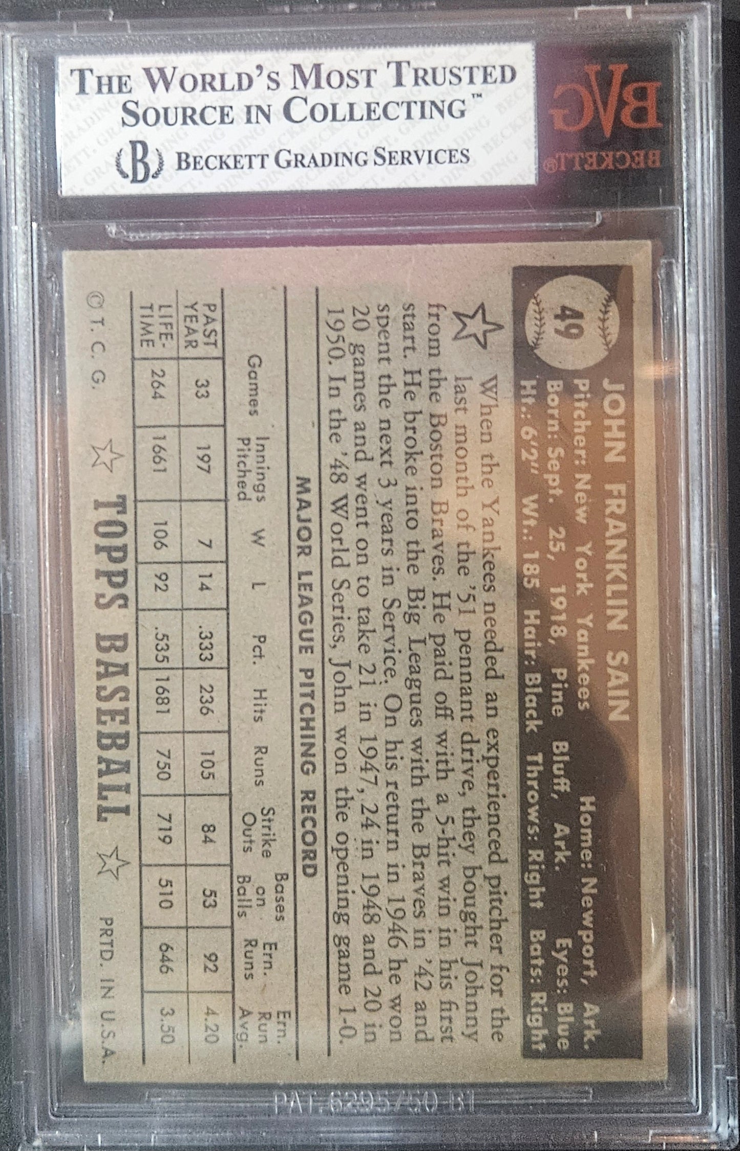 1952 Topps Black Back John Sain COR #49B /Black BVG 6