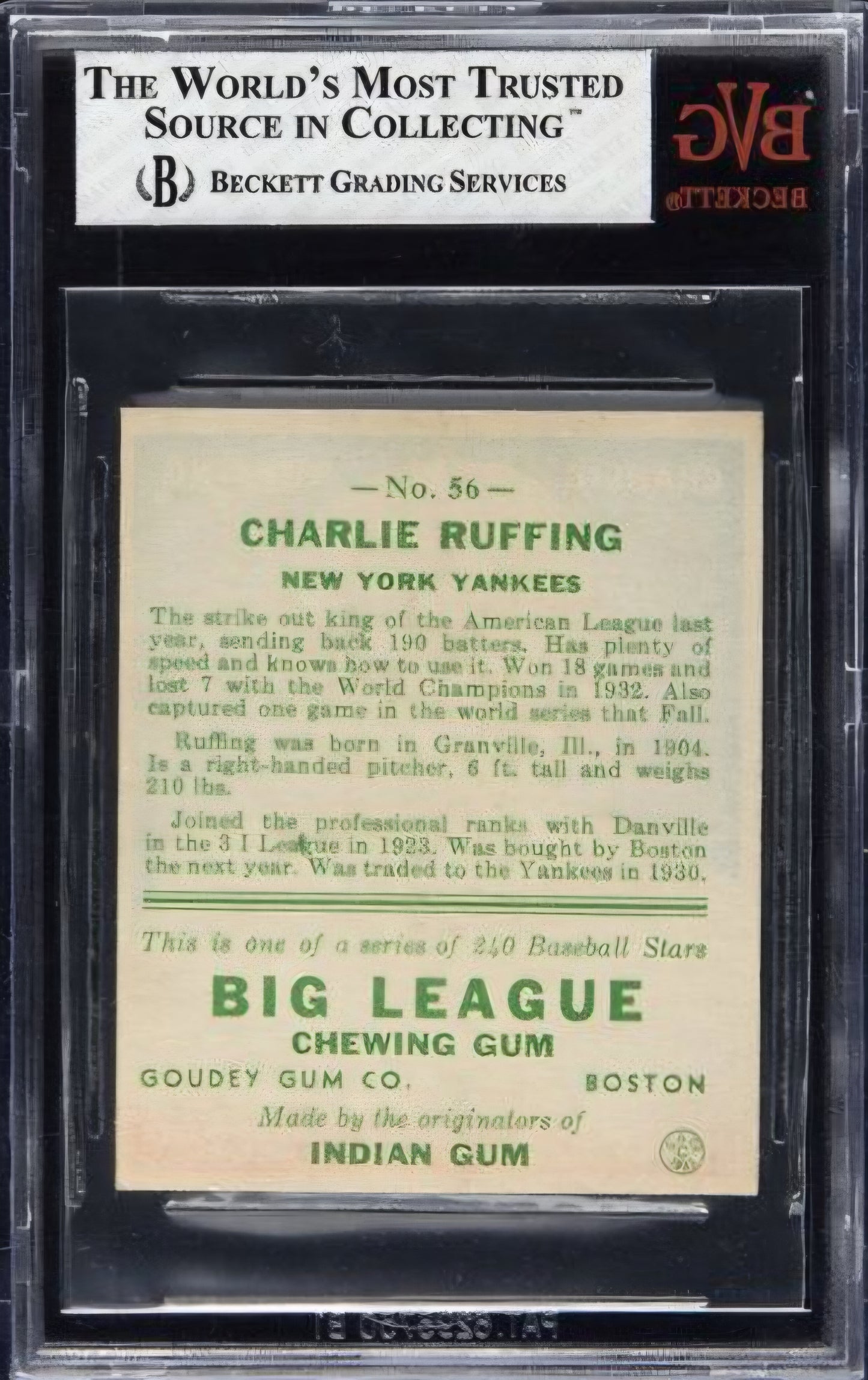 1933 Goudey Red Ruffing #56 Rookie BVG 6