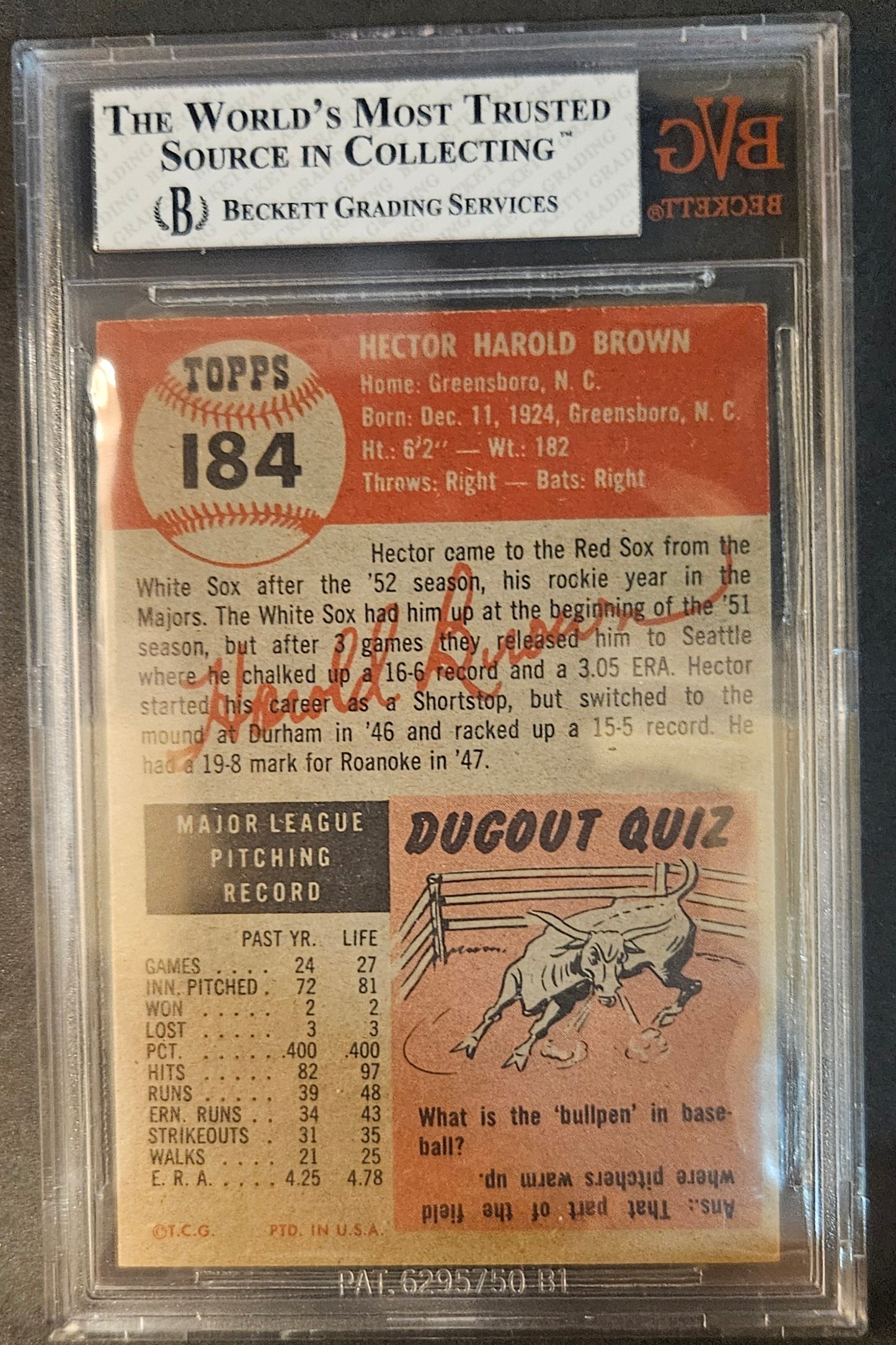 1953 Topps Hal Brown #184 Rookie BVG 7