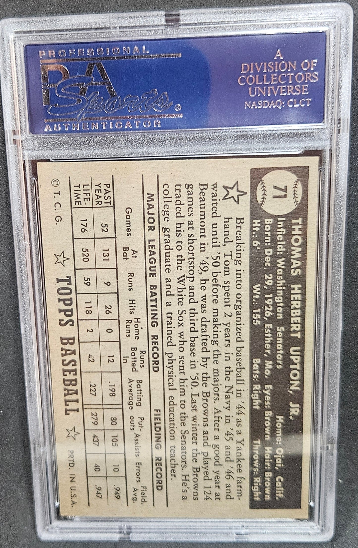 1952 Topps Tom Upton #71 PSA 6  black back
