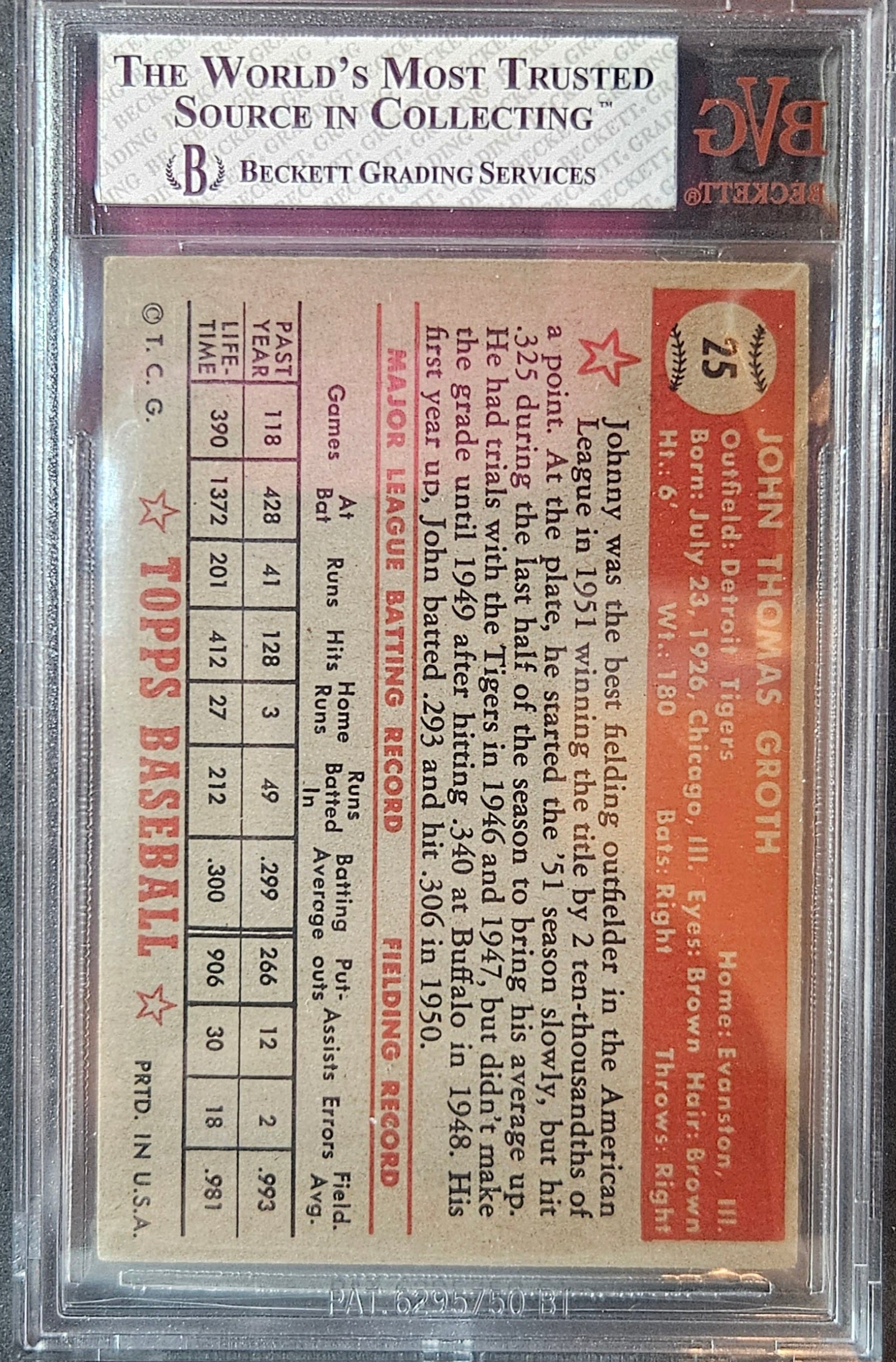 1952 Topps Johnny Groth #25 BVG 6