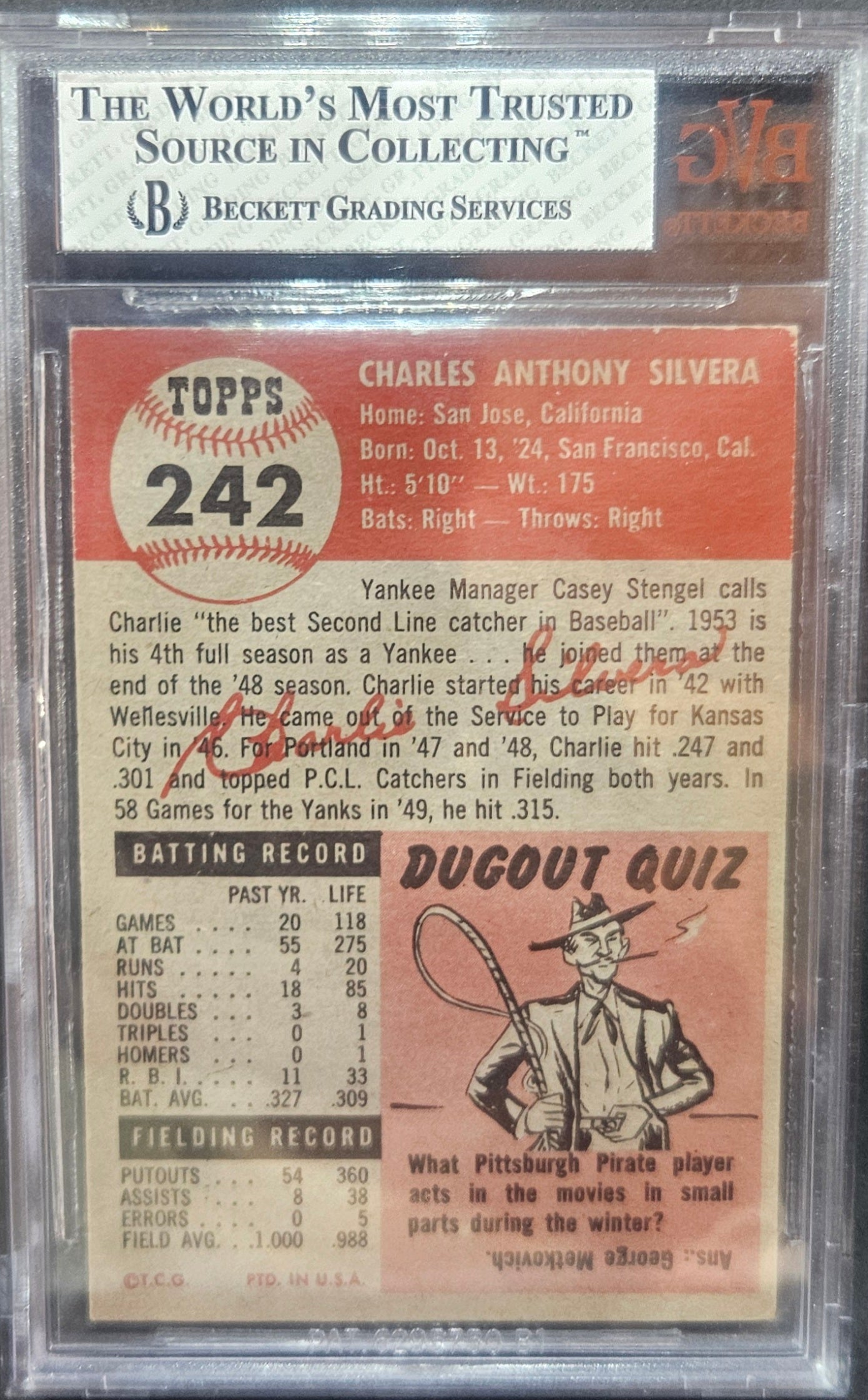 1953 Topps Charlie Silvera #242 BVG 7.5