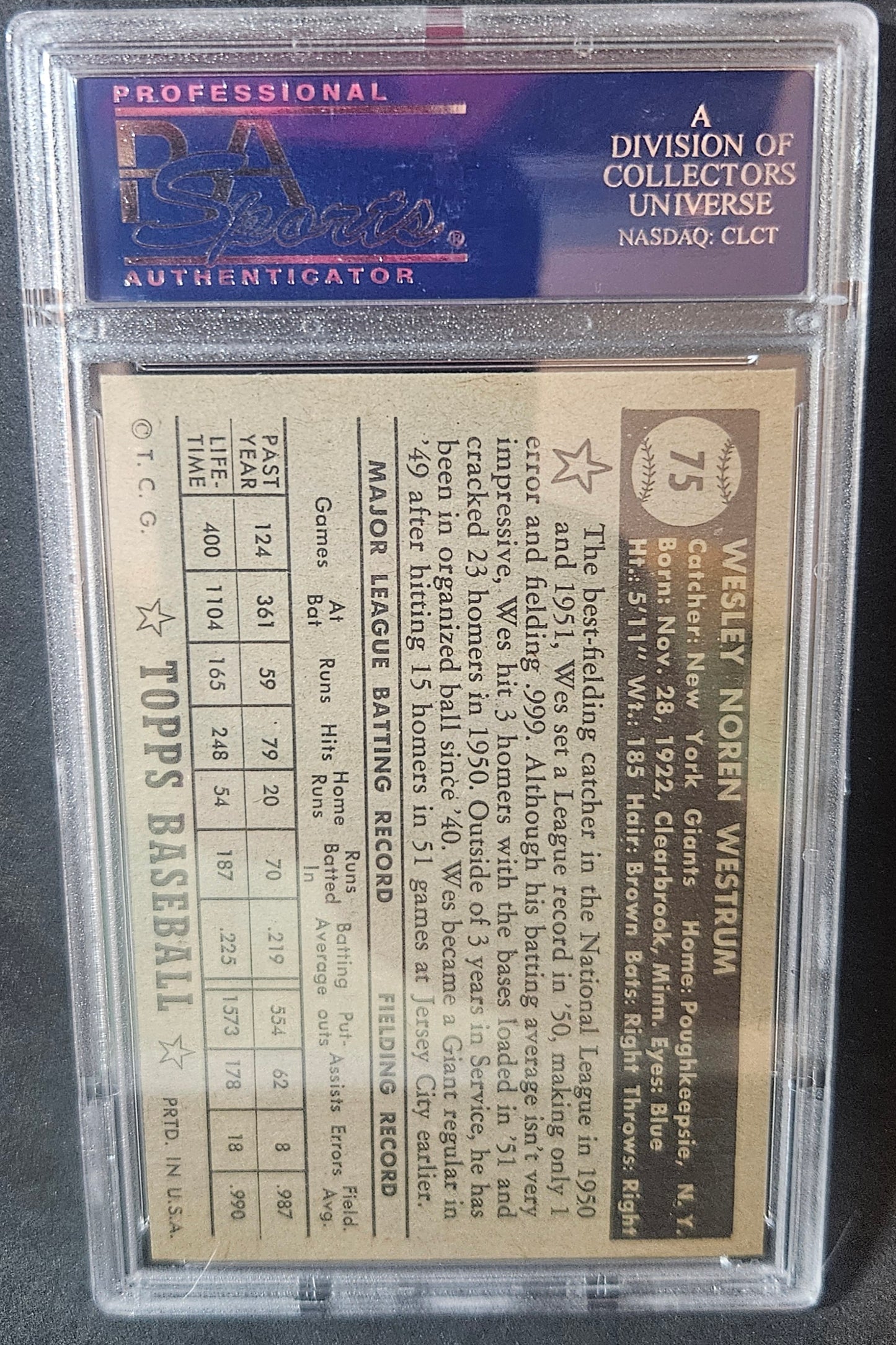 1952 Topps Wes Westrum #75 Black Back PSA 6
