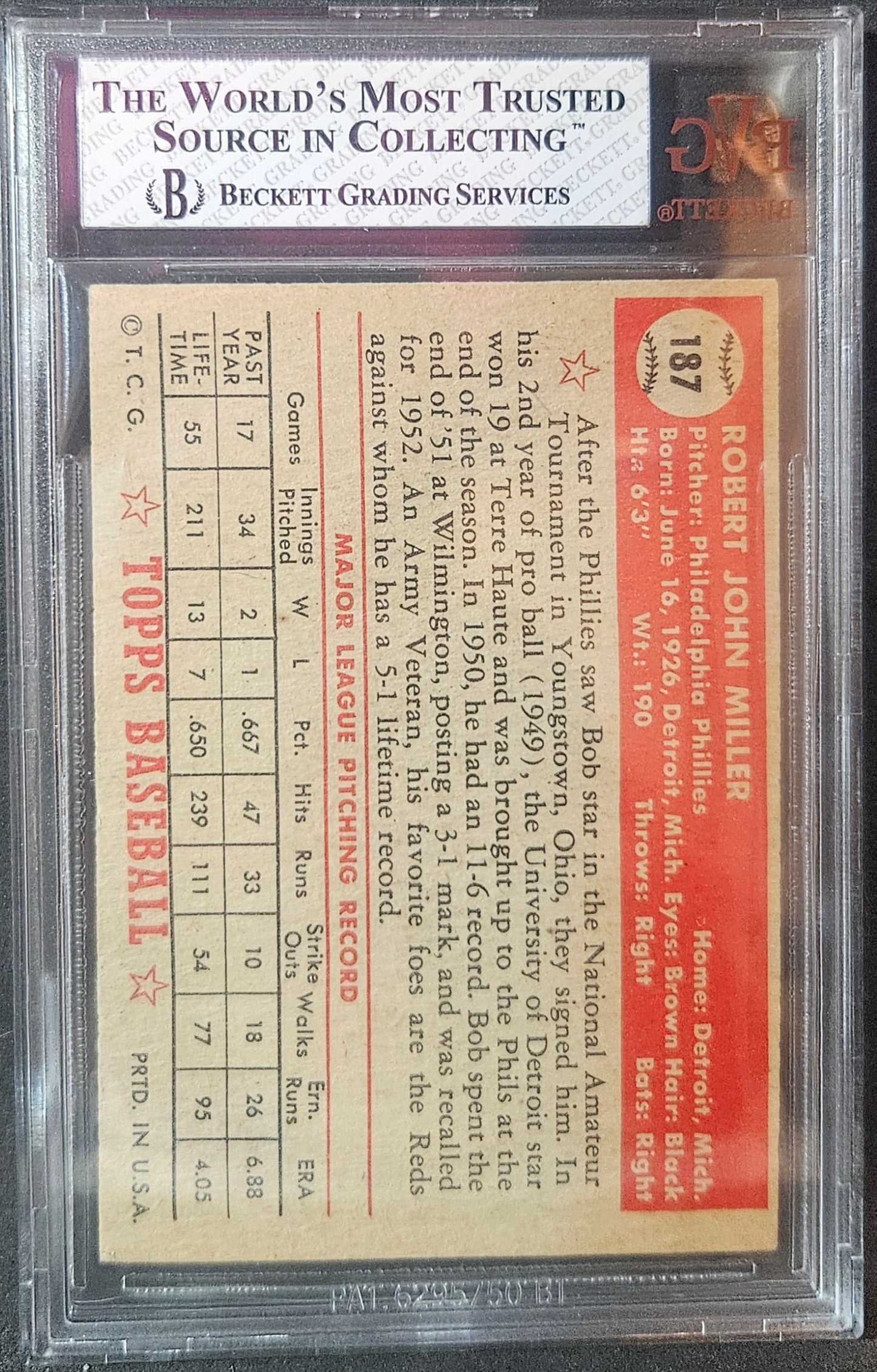 1952 Topps Bob Miller #187 BVG 6