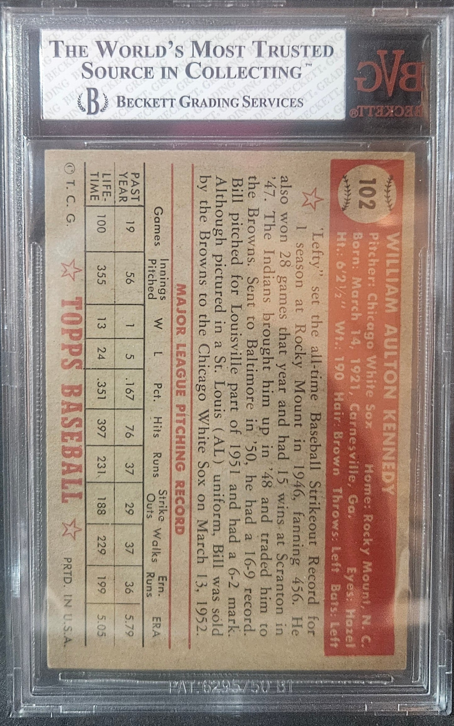 1952 Topps Bill Kennedy #102 BVG 7