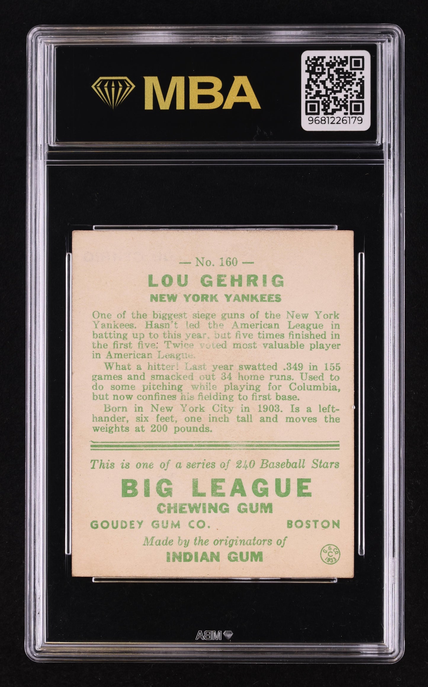1933 Goudey (R319) Lou Gehrig #160 MBA 4