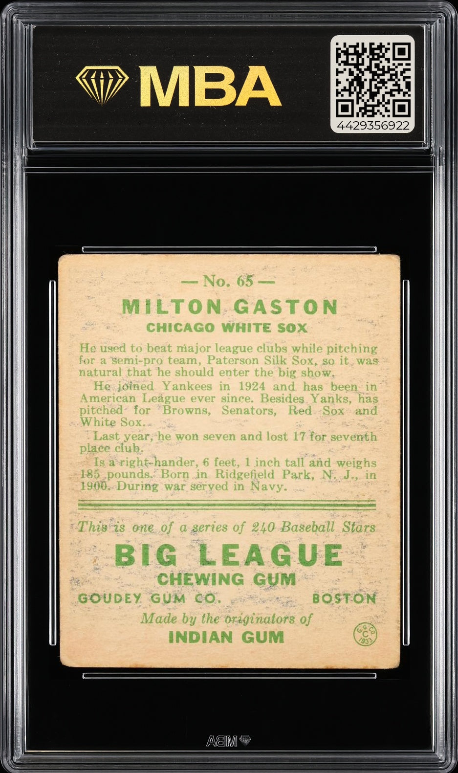 1933 Goudey (R319) Milton Gaston #65 MBA 2