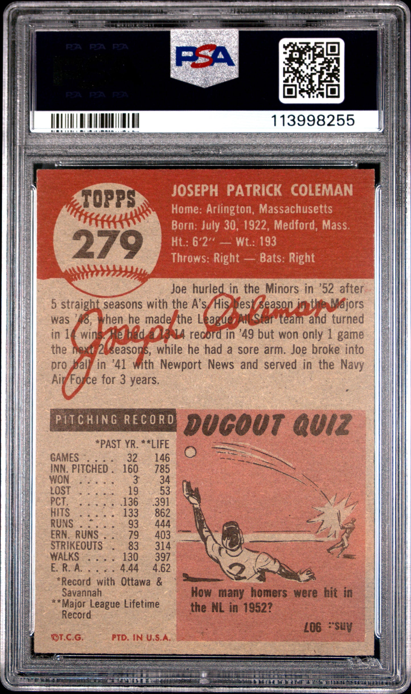 1953 Topps Joe Coleman #279 PSA 6