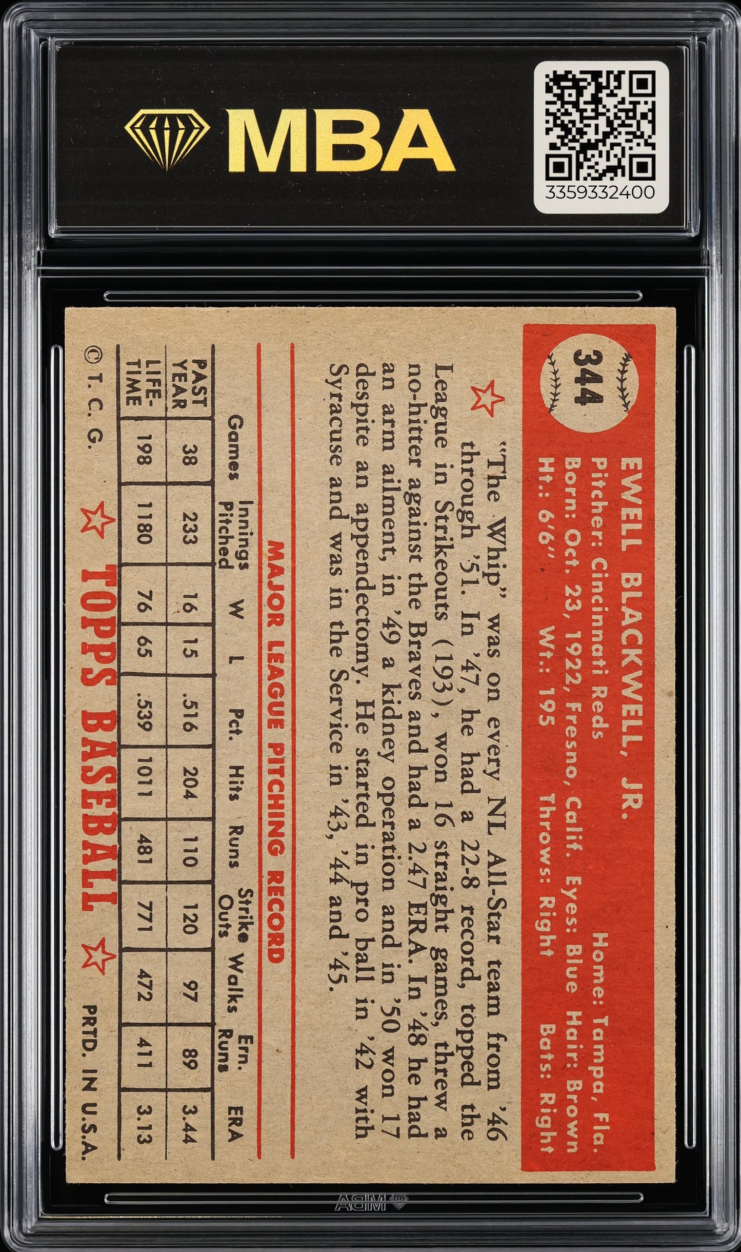 1952 Topps Ewell Blackwell #344 MBA 7