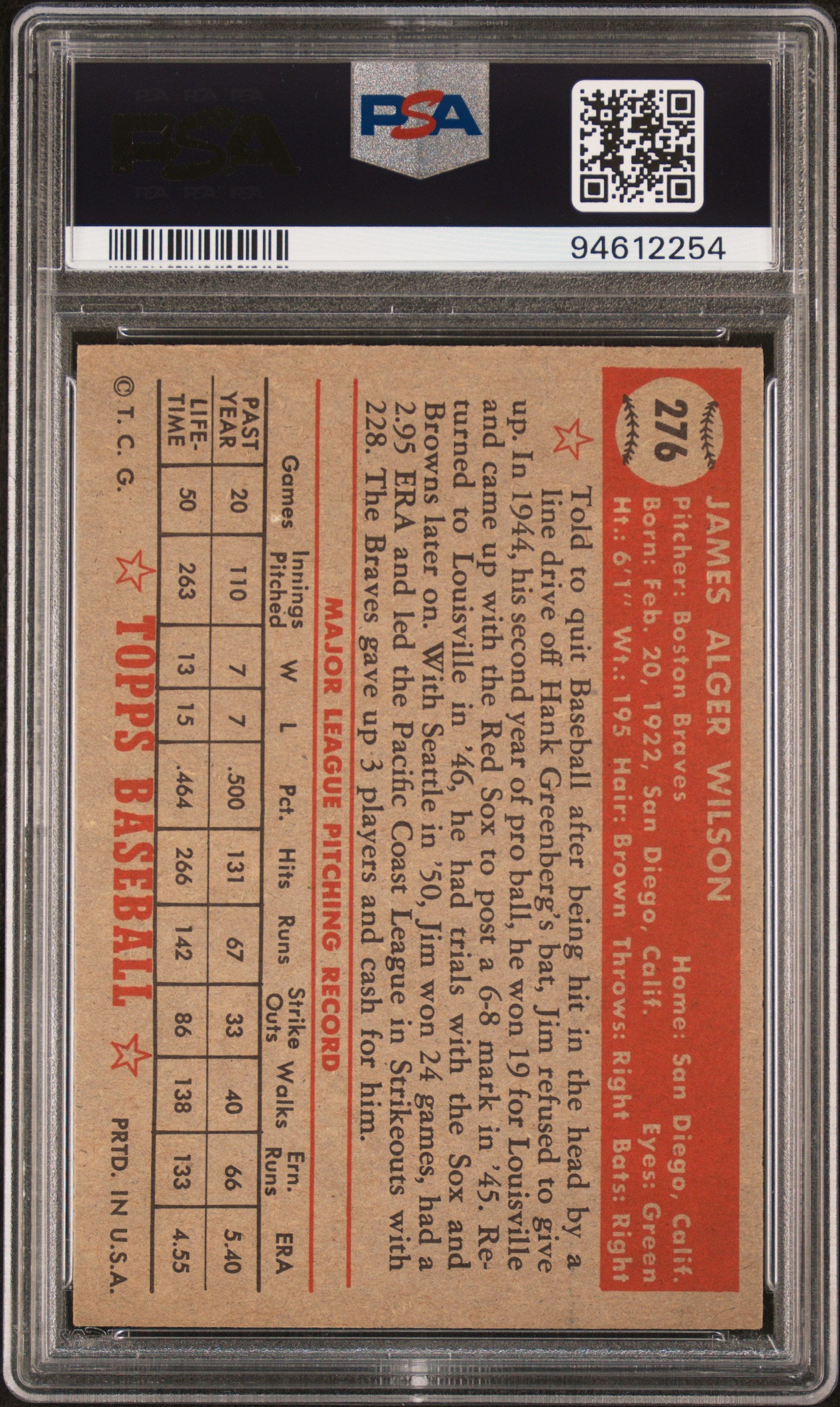 1952 Topps Jim Wilson #276 PSA 6