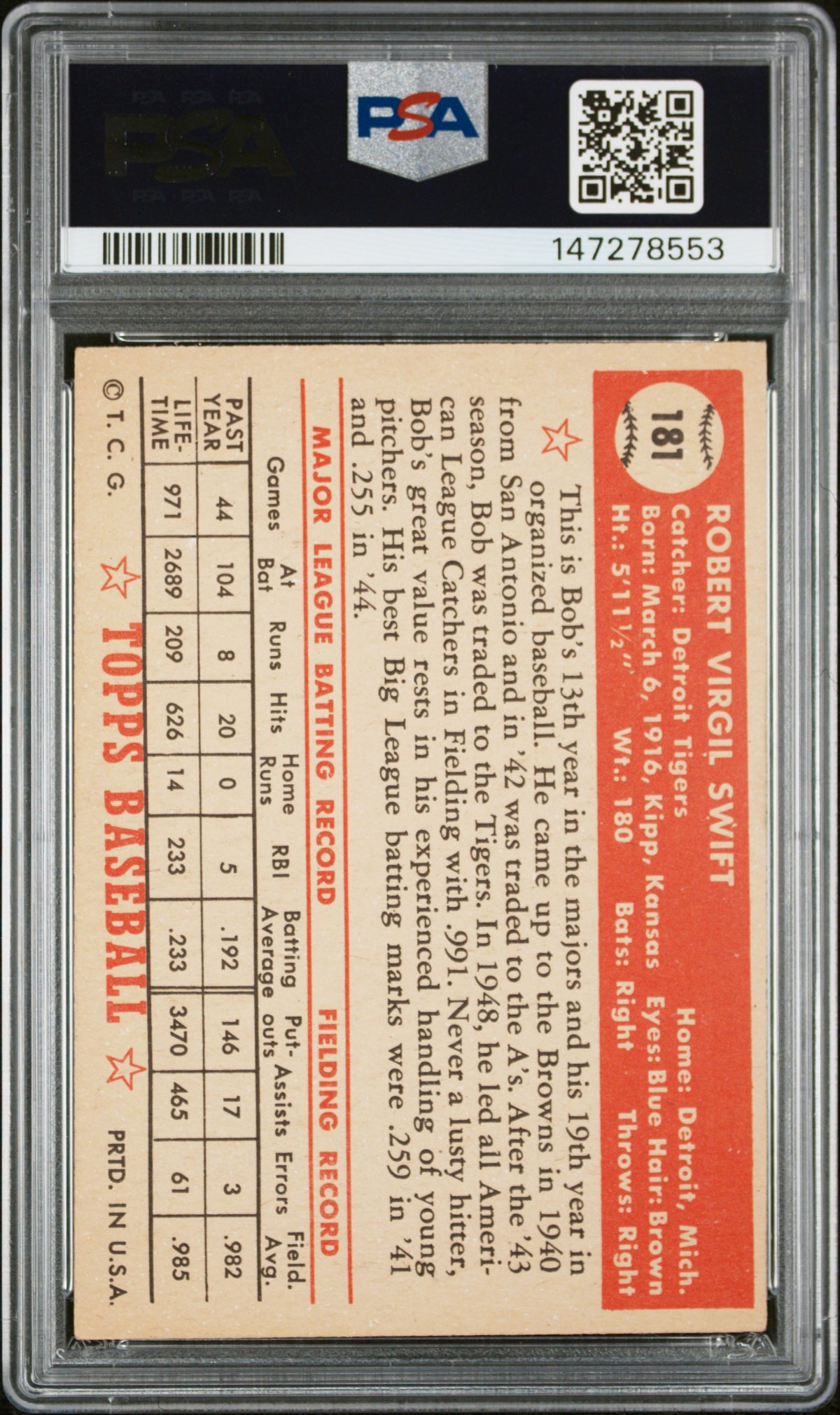 1952 Topps Bob Swift #181 PSA 6