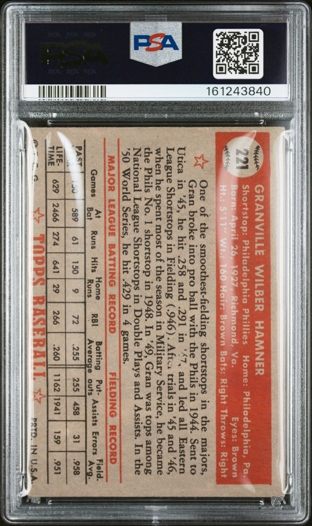 1952 Topps Granny Hamner #221 PSA 5 MBA diamond candidate