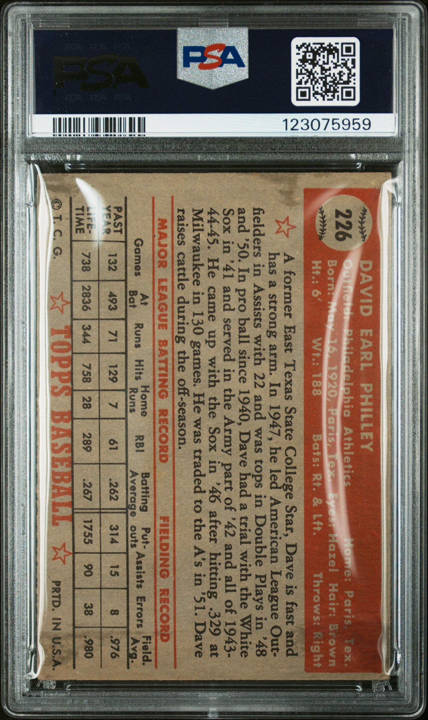 1952 Topps Dave Philley #226 PSA 4