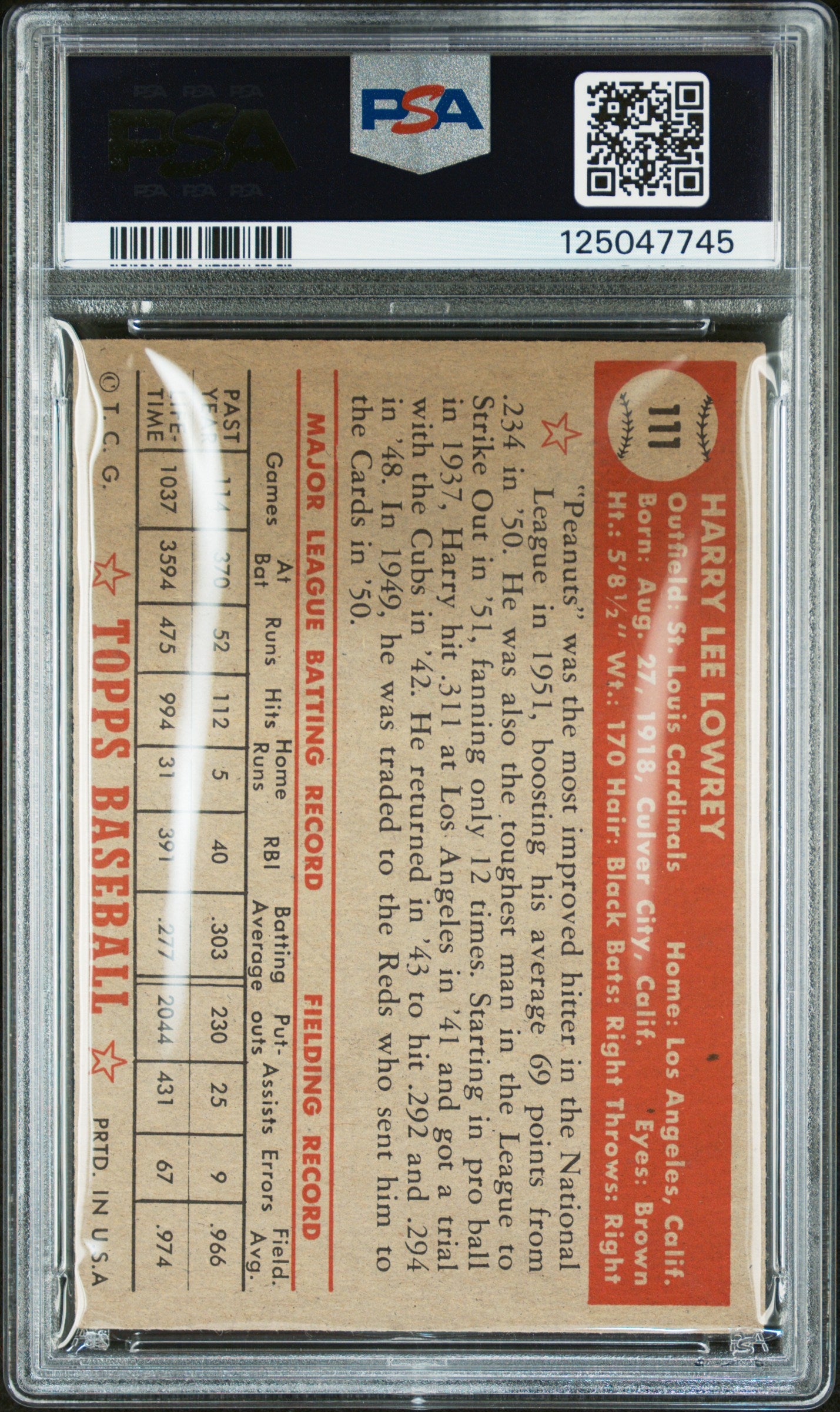 1952 Topps Harry Lowrey #111 PSA 4
