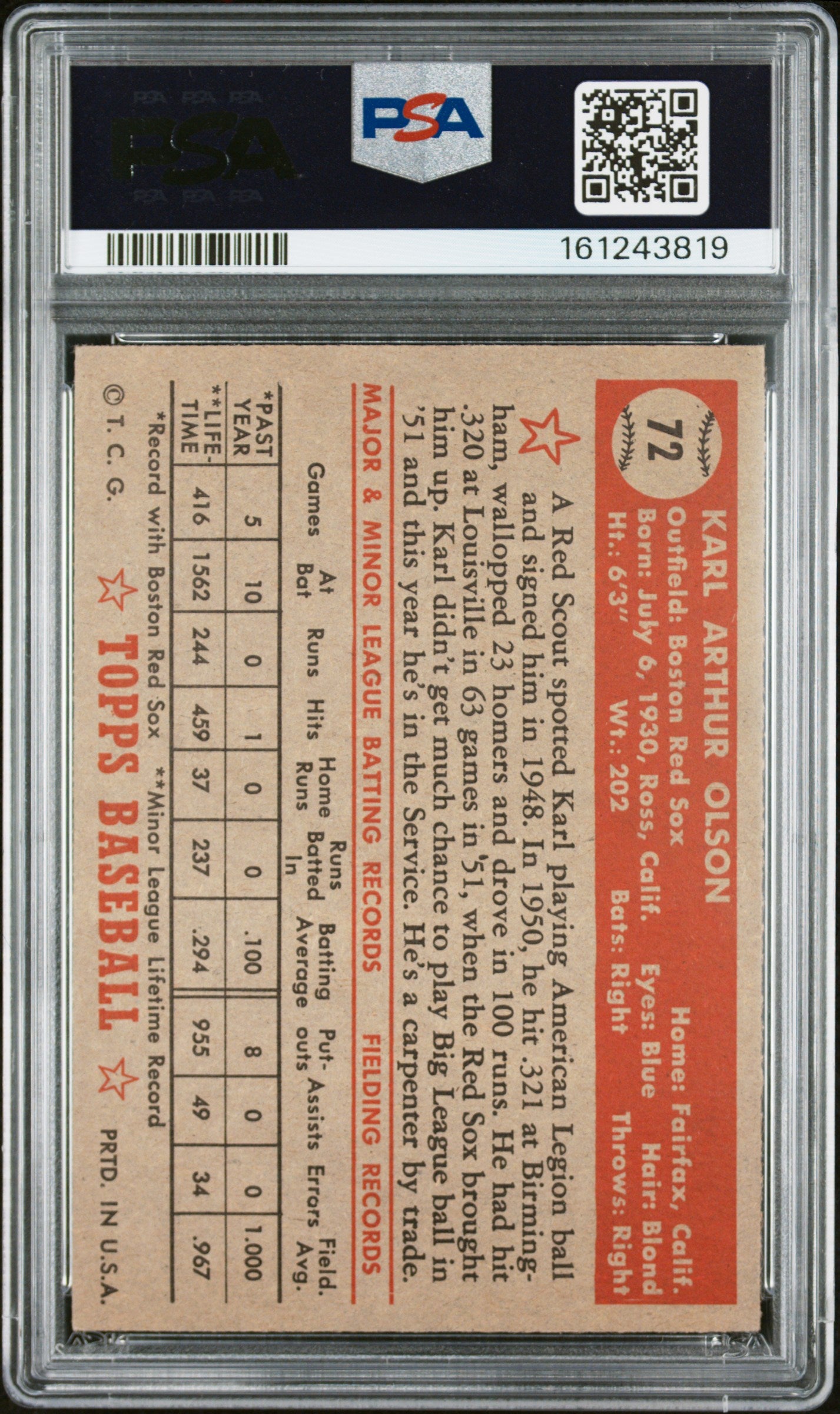 1952 Topps Karl Olson #72 PSA 4.5