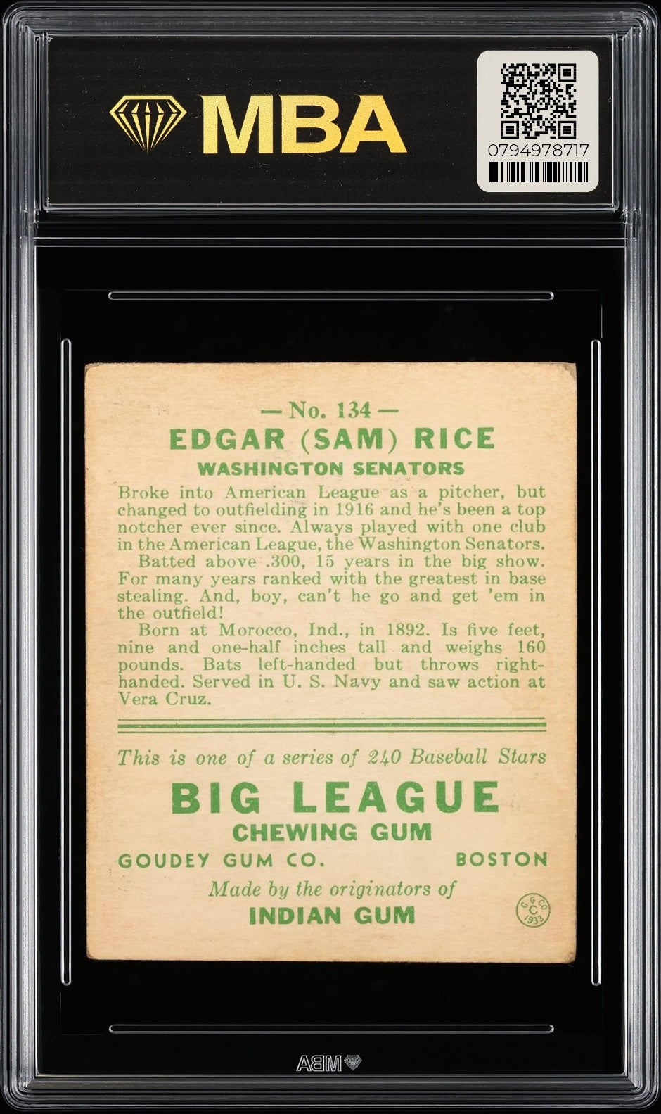 1933 Goudey (R319) Sam Rice #134 MBA 3
