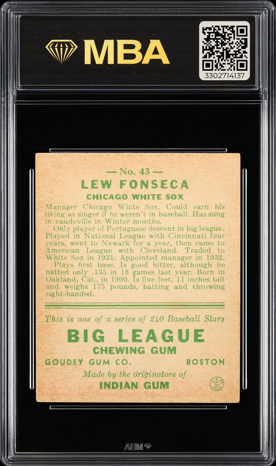 1933 Goudey (R319) Lew Fonseca #43 MBA 5.5