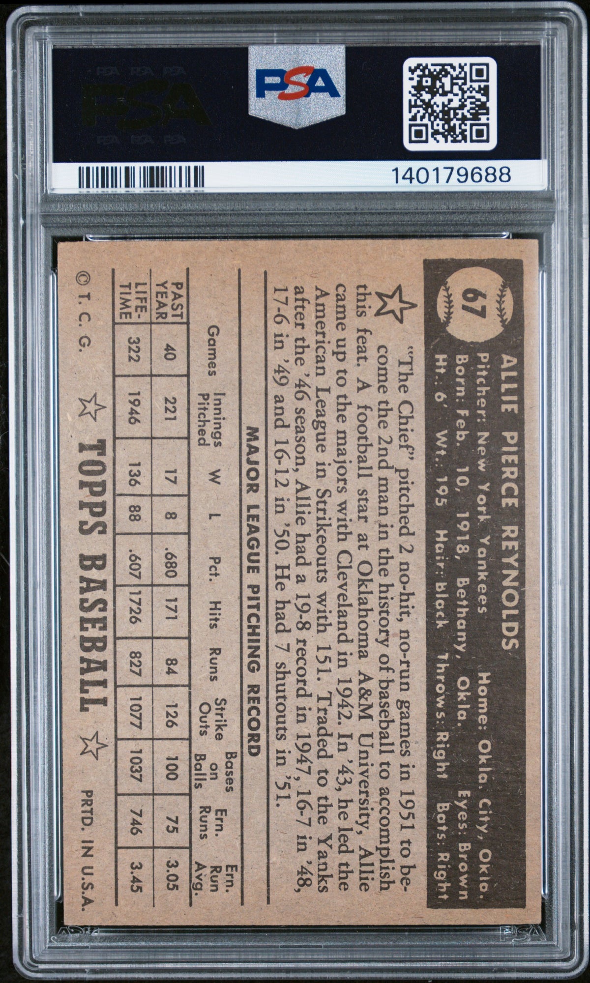1952 Topps Allie Reynolds #67 Black Back PSA 4