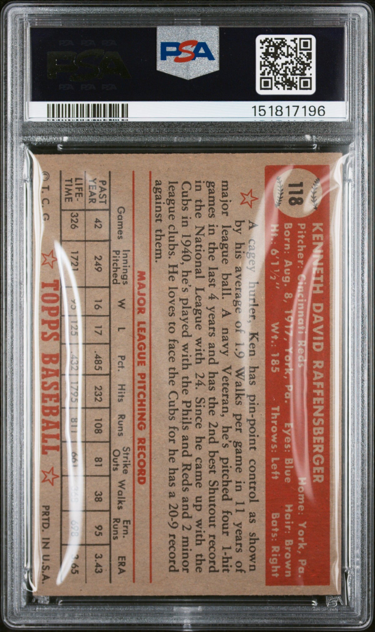 1952 Topps Ken Raffensberger #118 PSA 5 MBA candidate