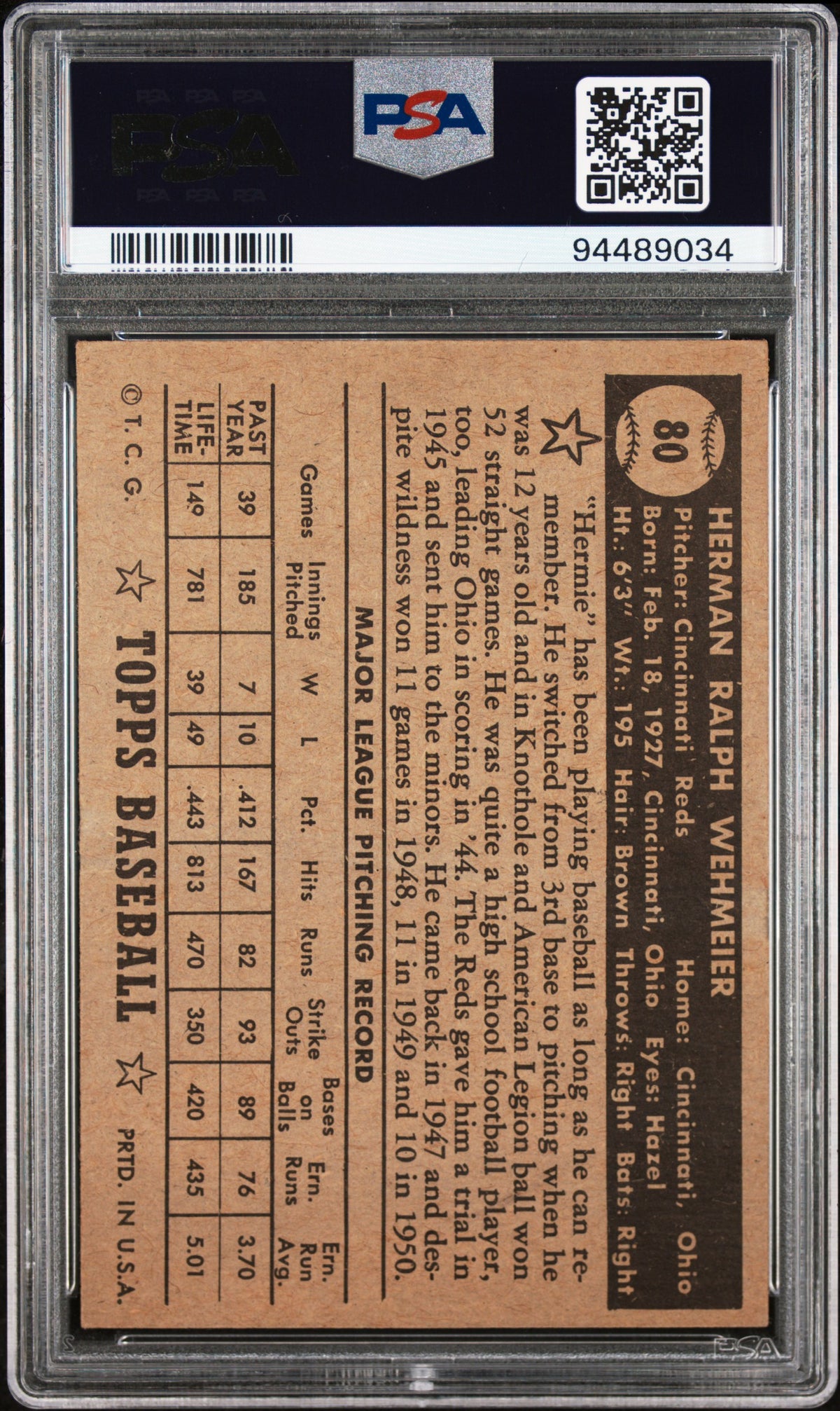 1952 Topps Herman Wehmeier #80 Black Back PSA 3 Diamond candidate