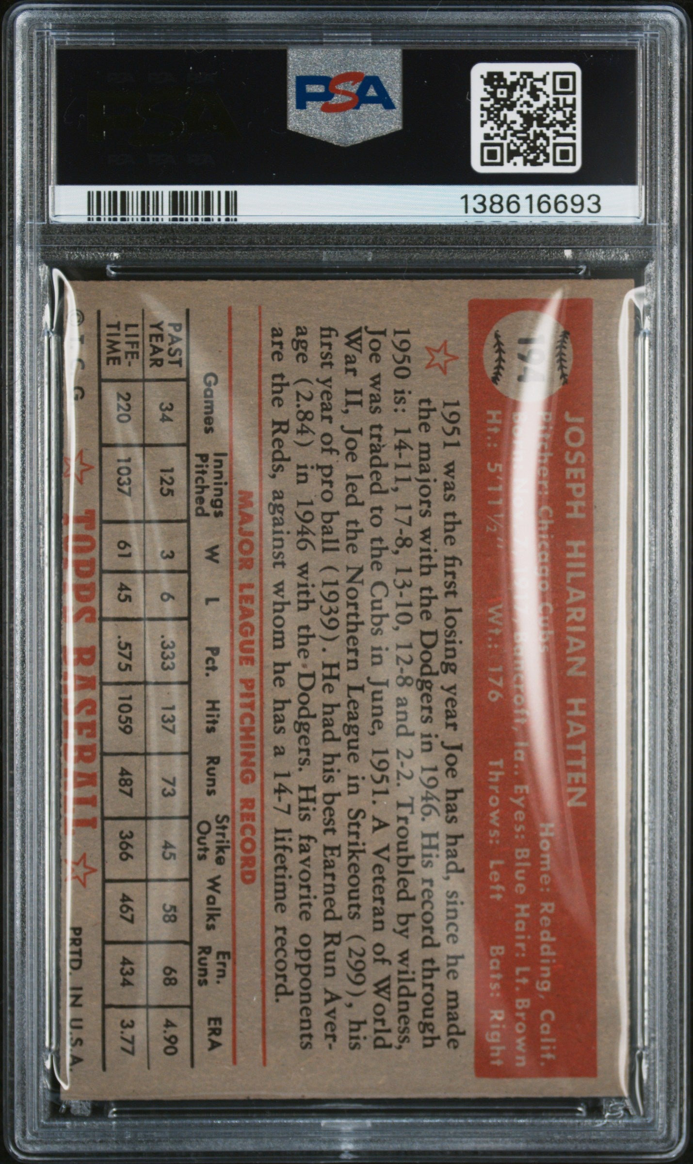 1952 Topps Joe Hatten #194 PSA 5