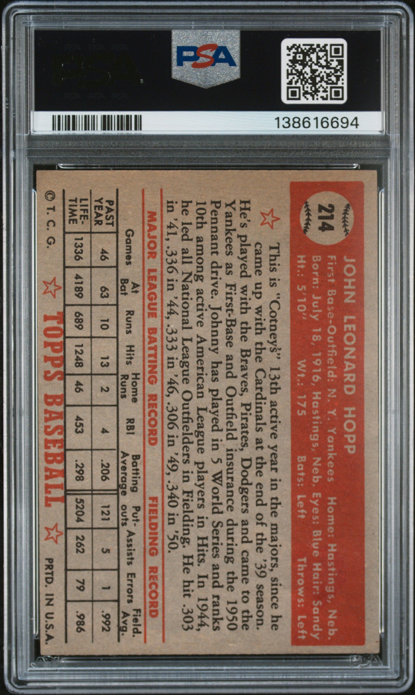 1952 Topps Johnny Hopp #214 PSA 5.5