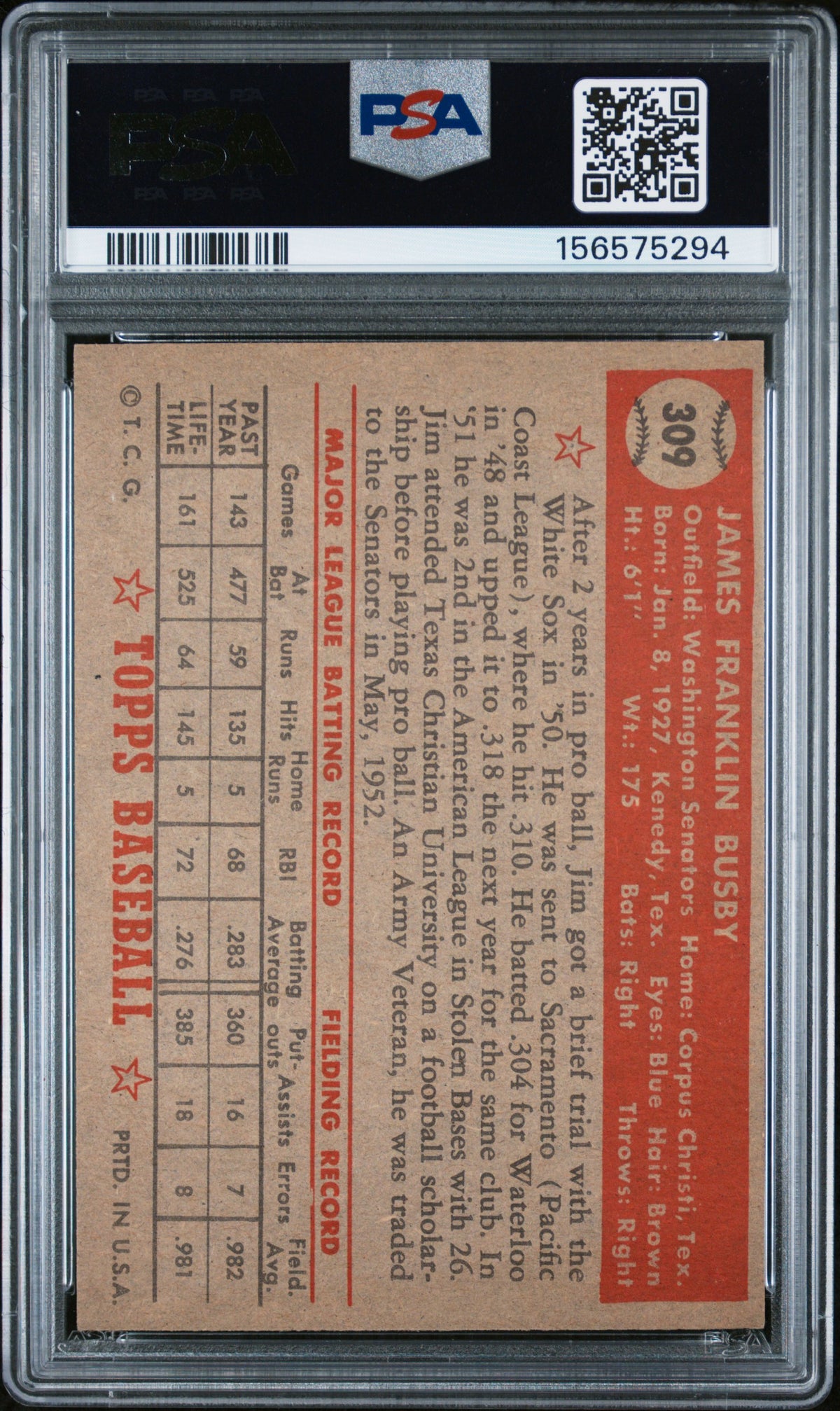 1952 Topps Jim Busby #309 PSA 6 MBA Diamond candidate