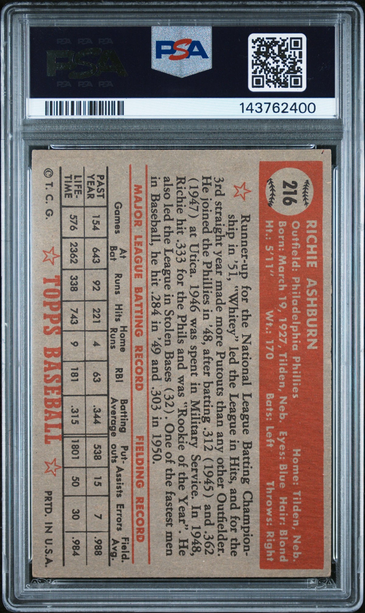 1952 Topps Richie Ashburn #216 PSA 5