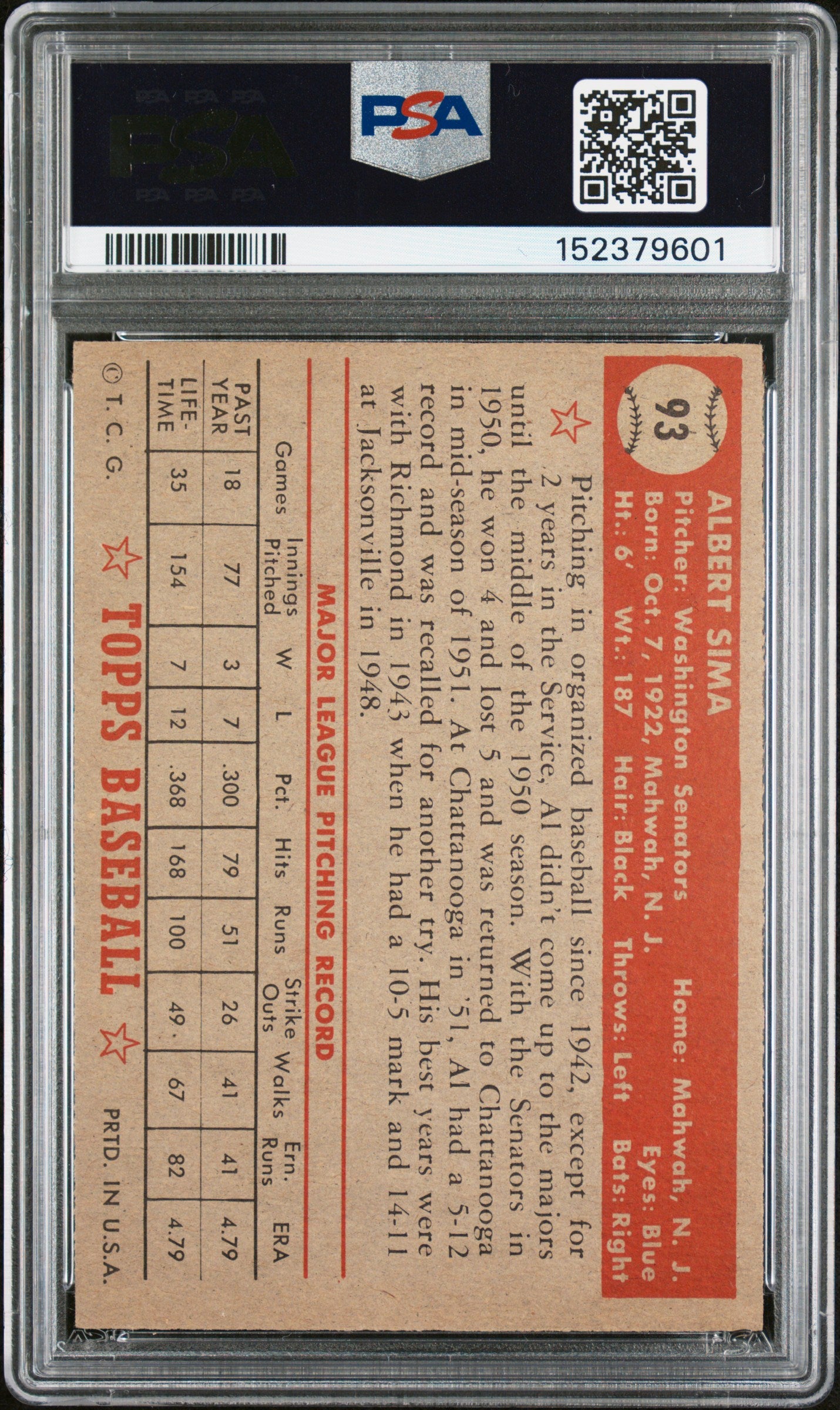 1952 Topps Al Sima #93 PSA 6