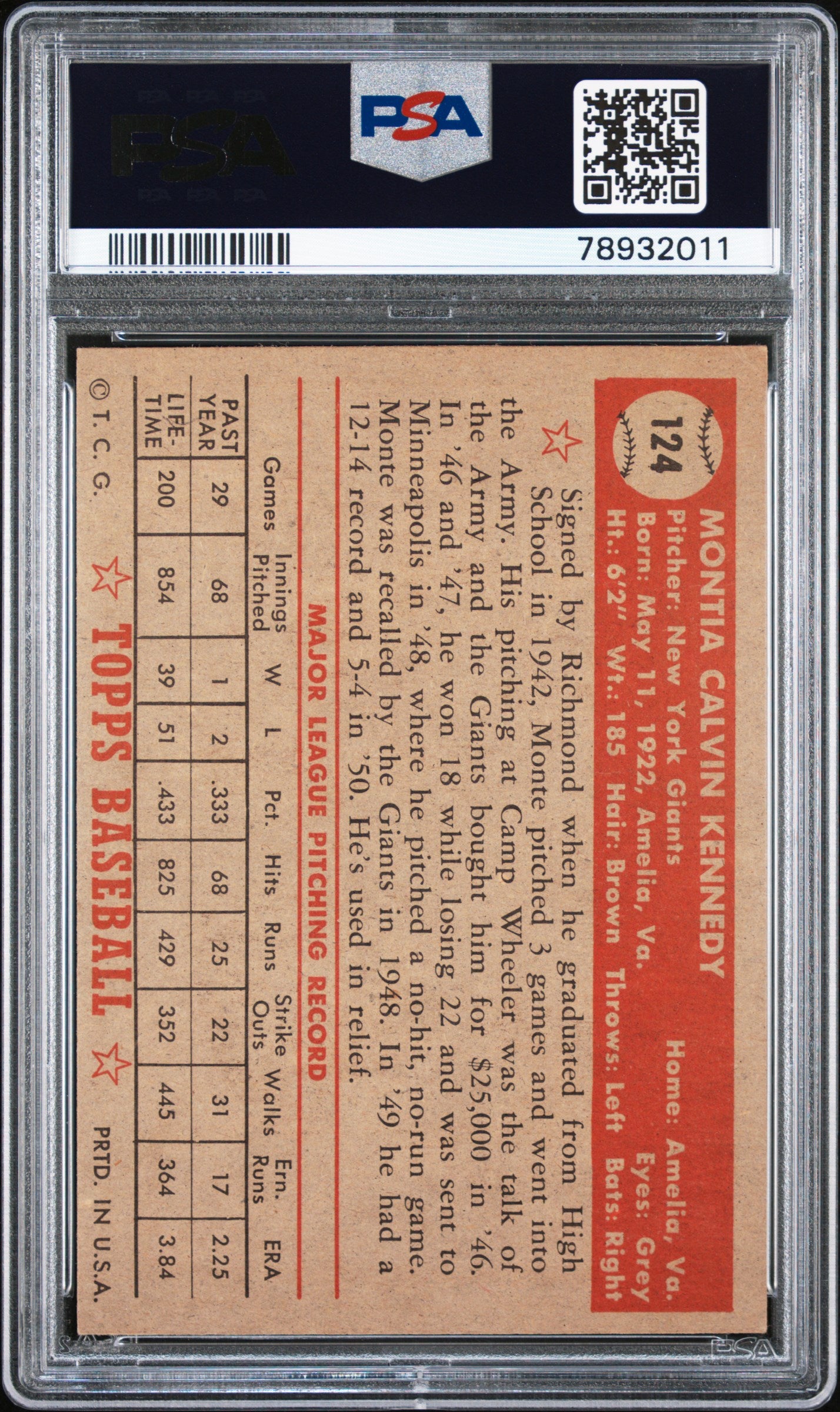 1952 Topps Monte Kennedy #124 PSA 5 gorgeous card!
