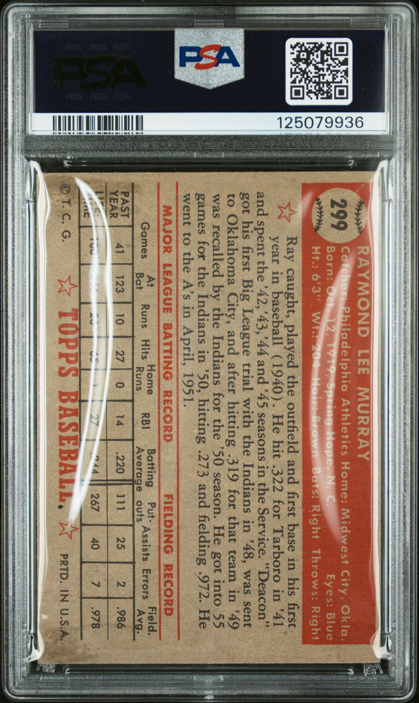 1952 Topps Ray Murray #299 PSA 4