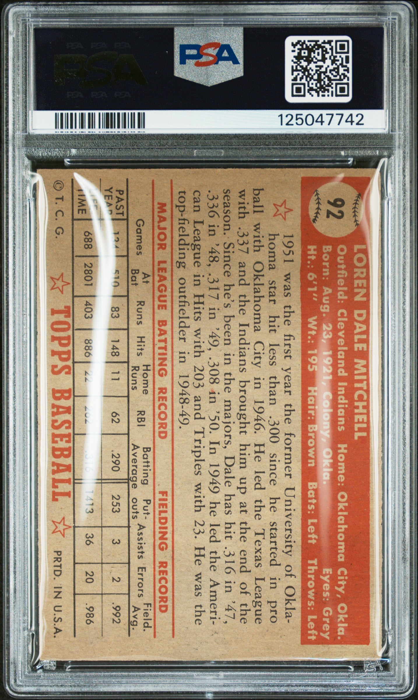1952 Topps Dale Mitchell #92 PSA 4