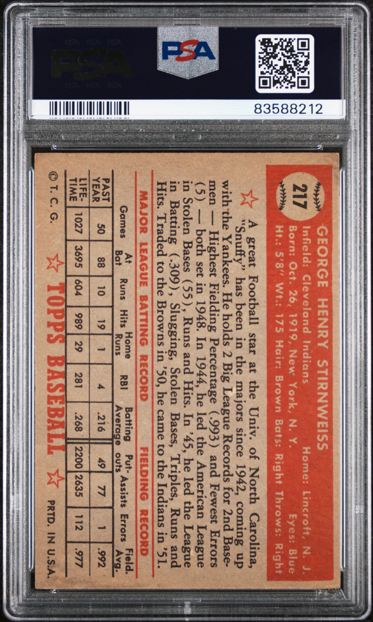 1952 Topps George Stirnweiss #217 PSA 6