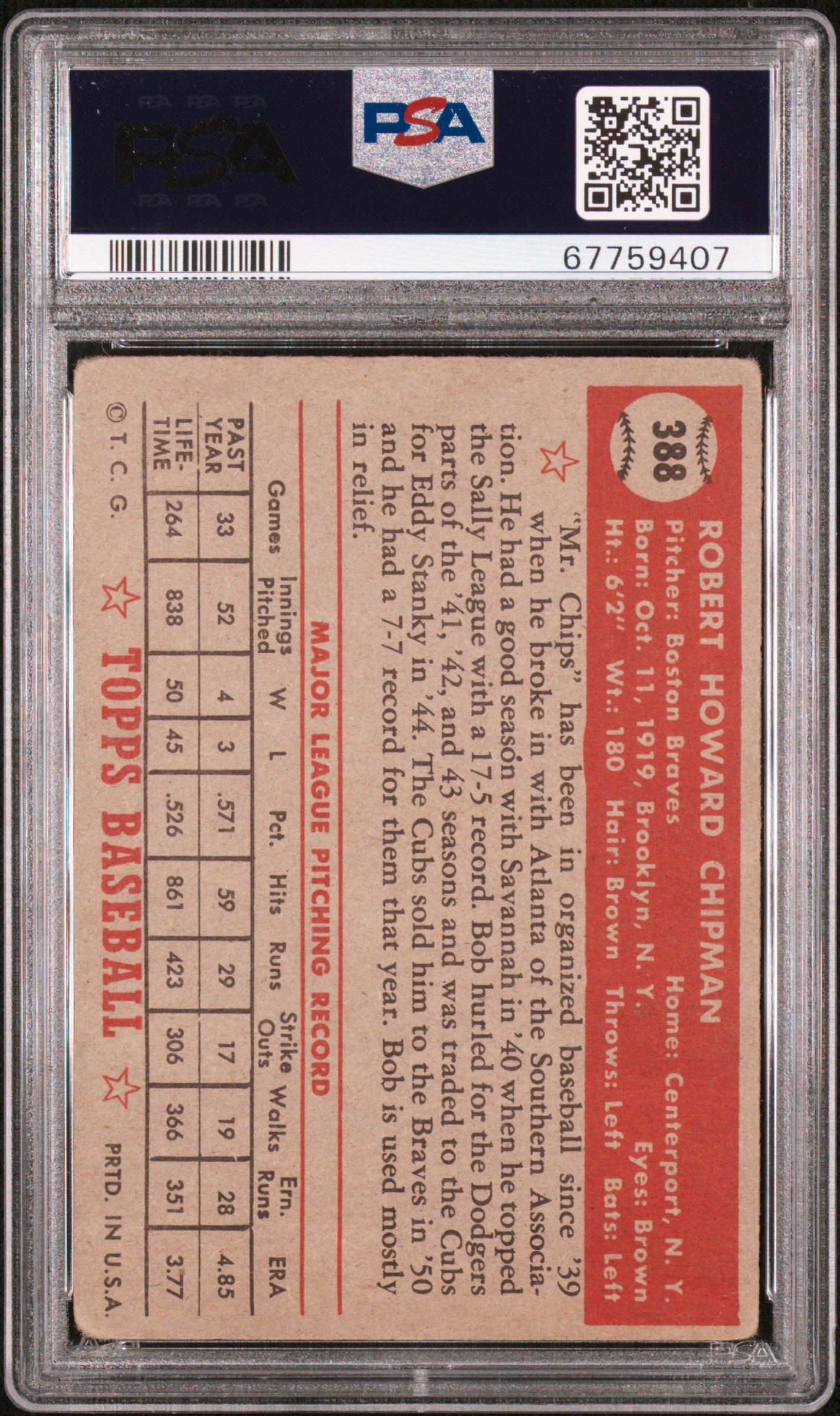 1952 Topps Bob Chipman #388 PSA 2 Nicely centered