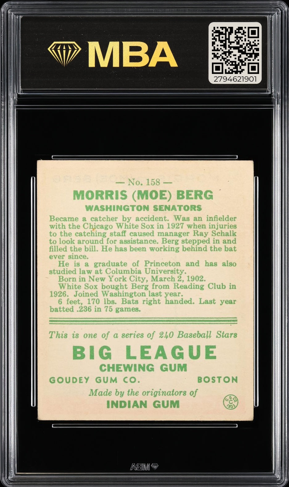 1933 Goudey (R319) Moe Berg #158 Morris (Moe) Berg MBA 3