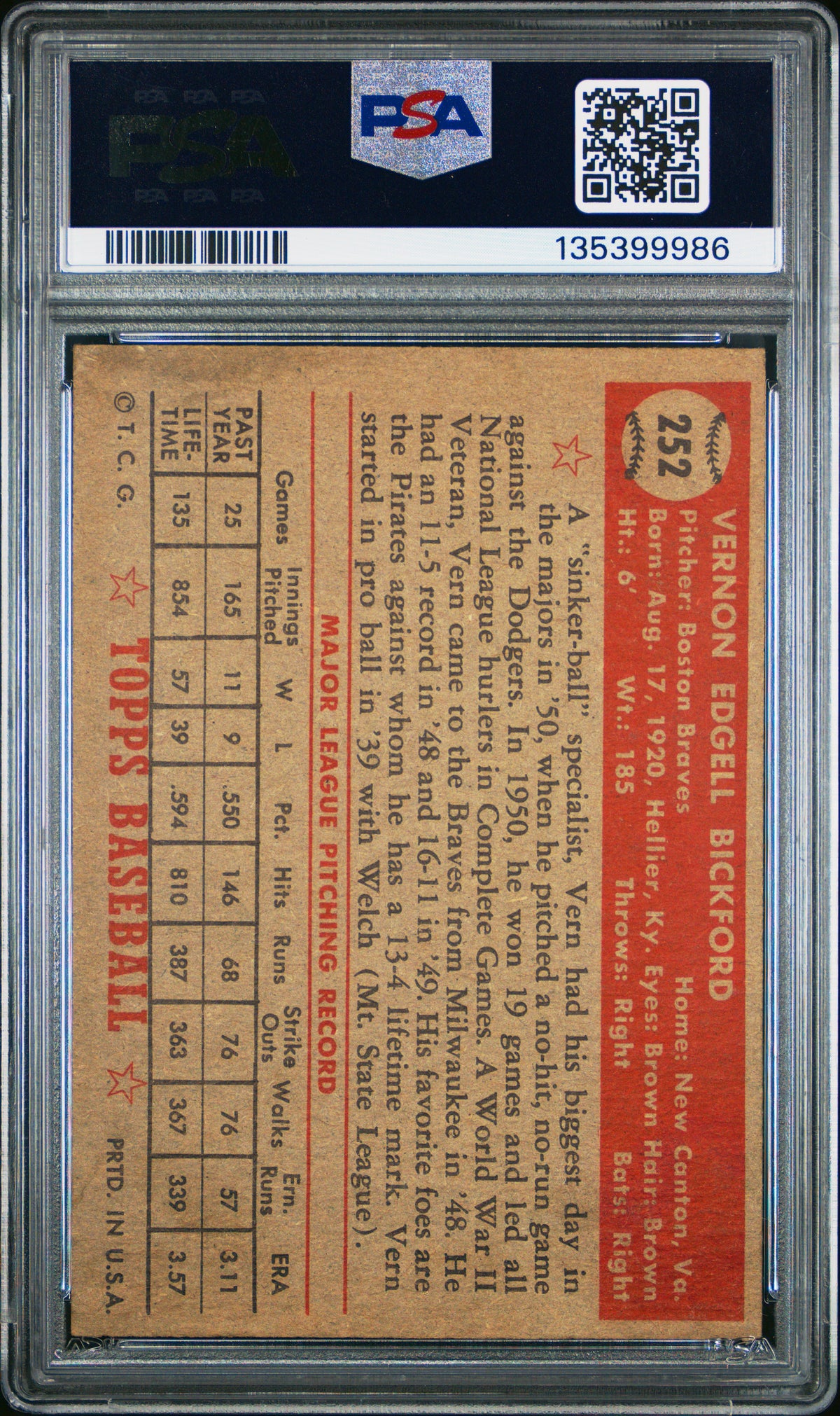 1952 Topps Vern Bickford #252 PSA 2