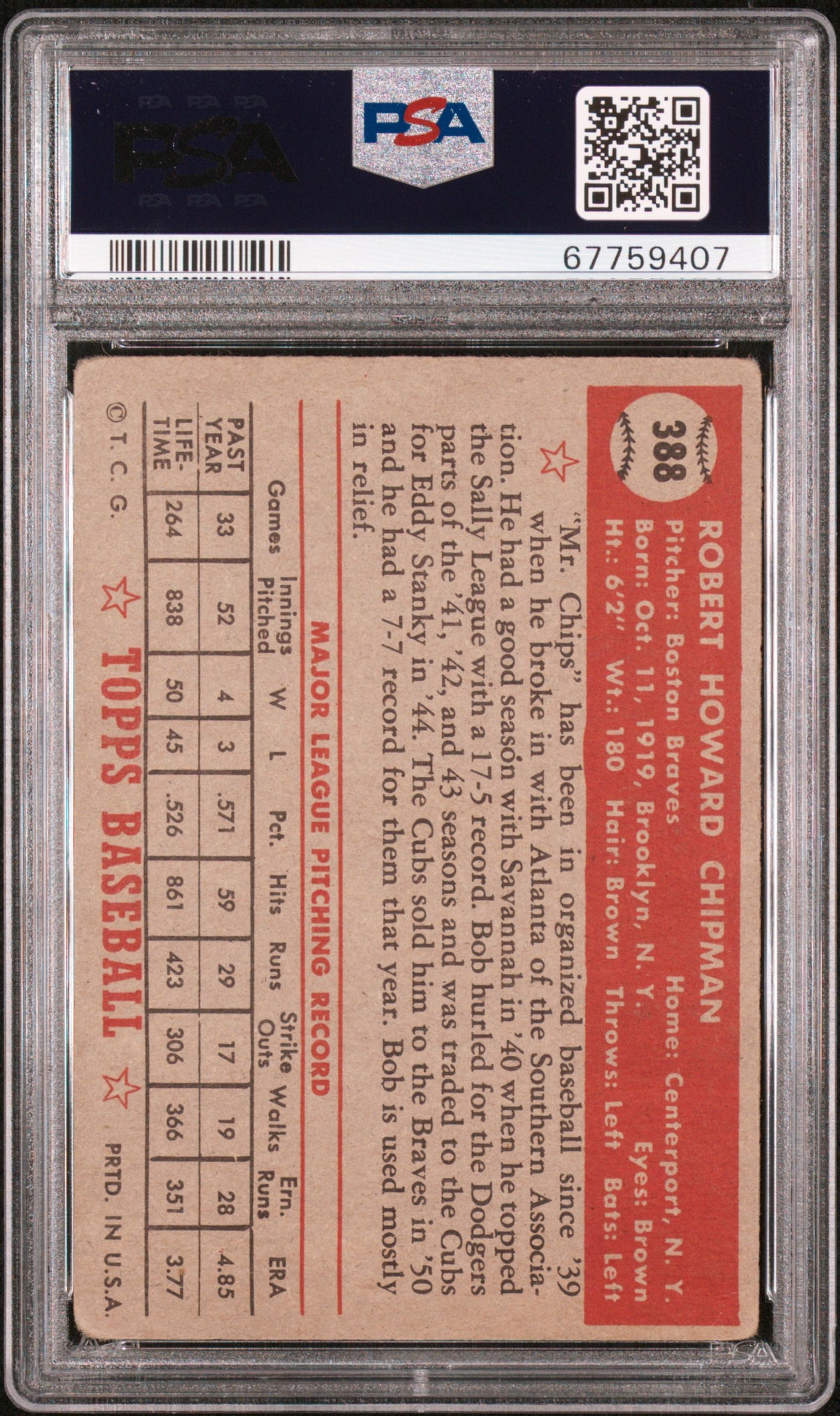 1952 Topps Bob Chipman #388 PSA 2 Nicely centered