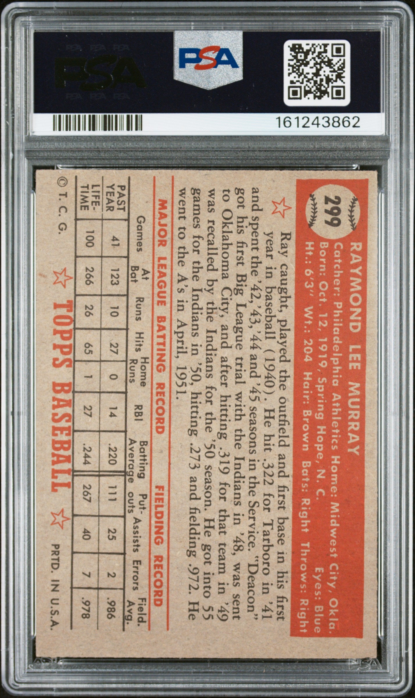 1952 Topps Ray Murray #299 PSA 6