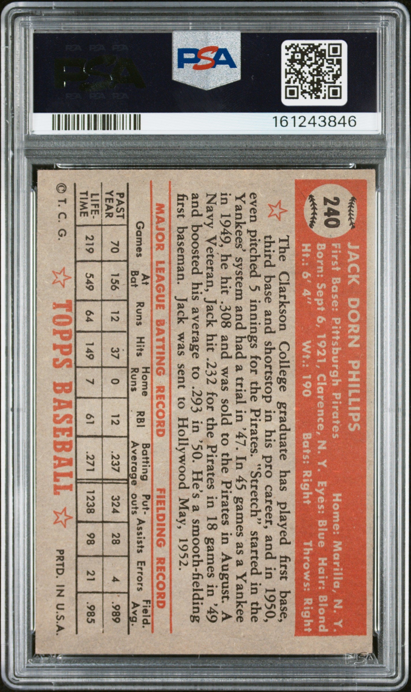 1952 Topps Jack Phillips #240 PSA 4