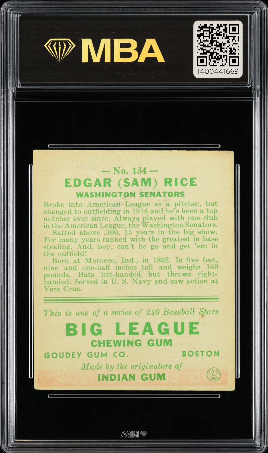 1933 Goudey Edgar (Sam) Rice #134 MBA 4