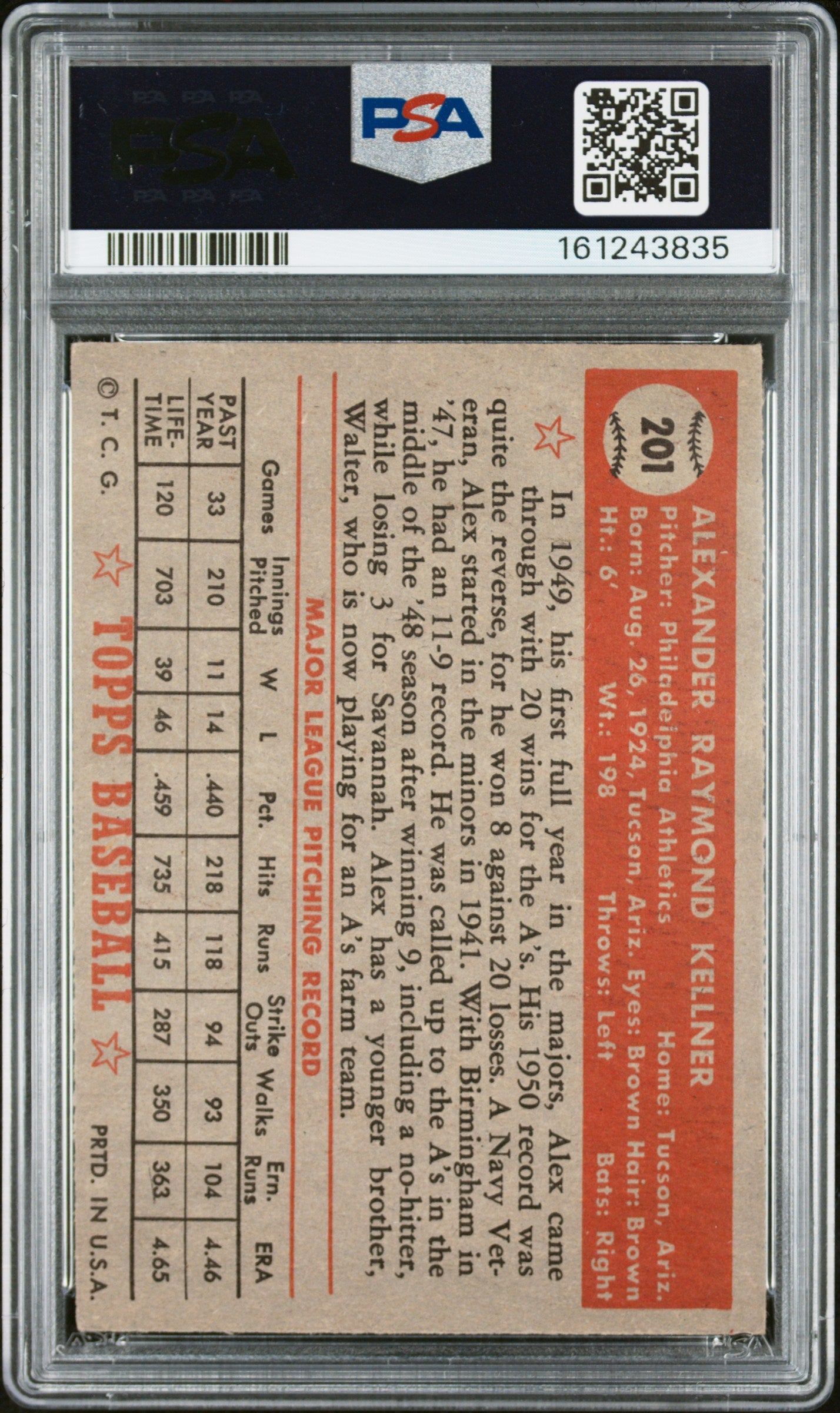 1952 Topps Alex Kellner #201 PSA 5