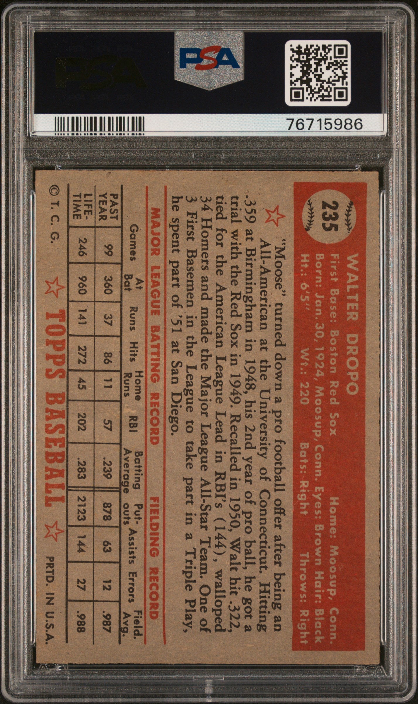 1952 Topps Walt Dropo #235 PSA 5