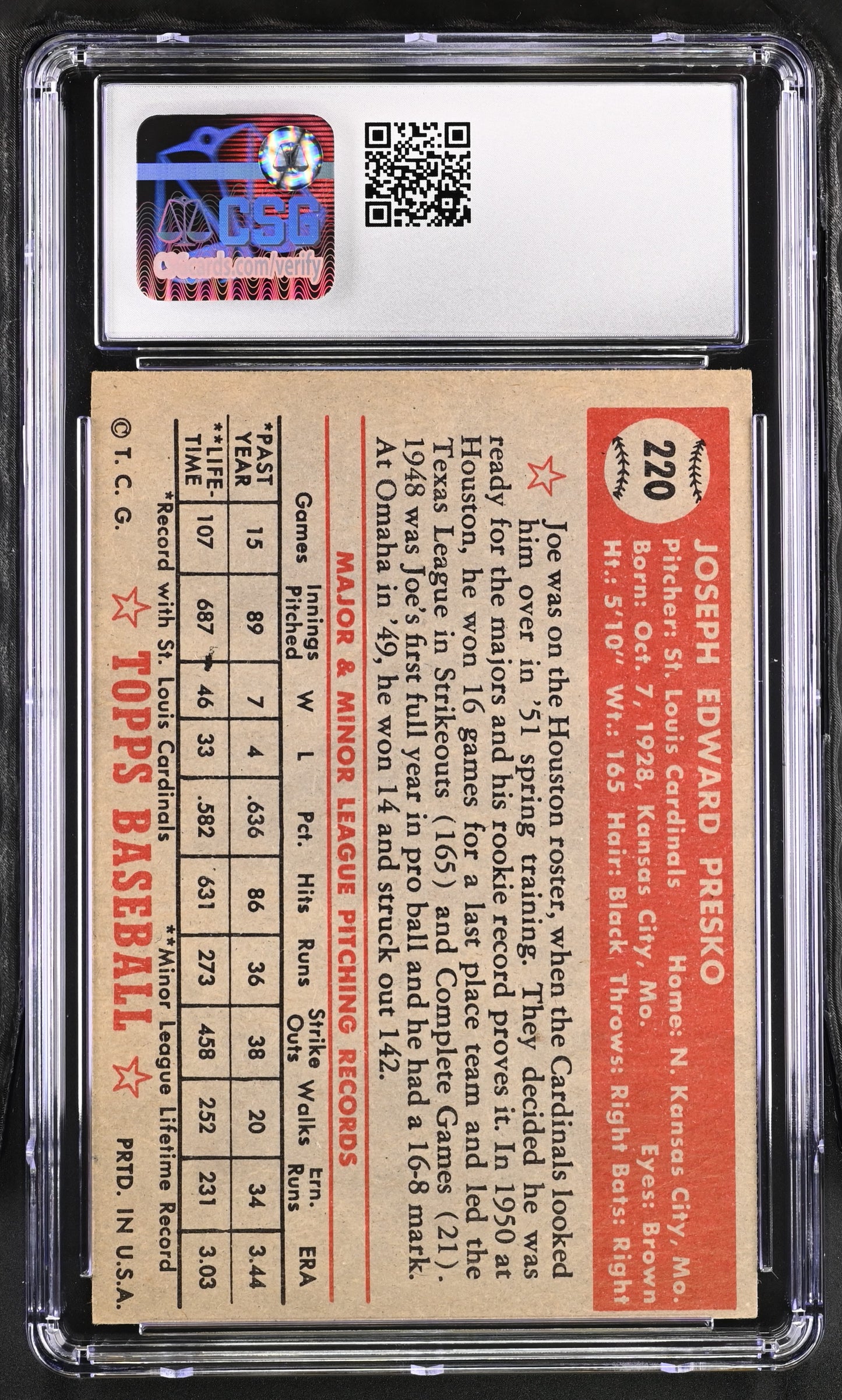 1952 Topps Joe Presko #220 CGC 6.5